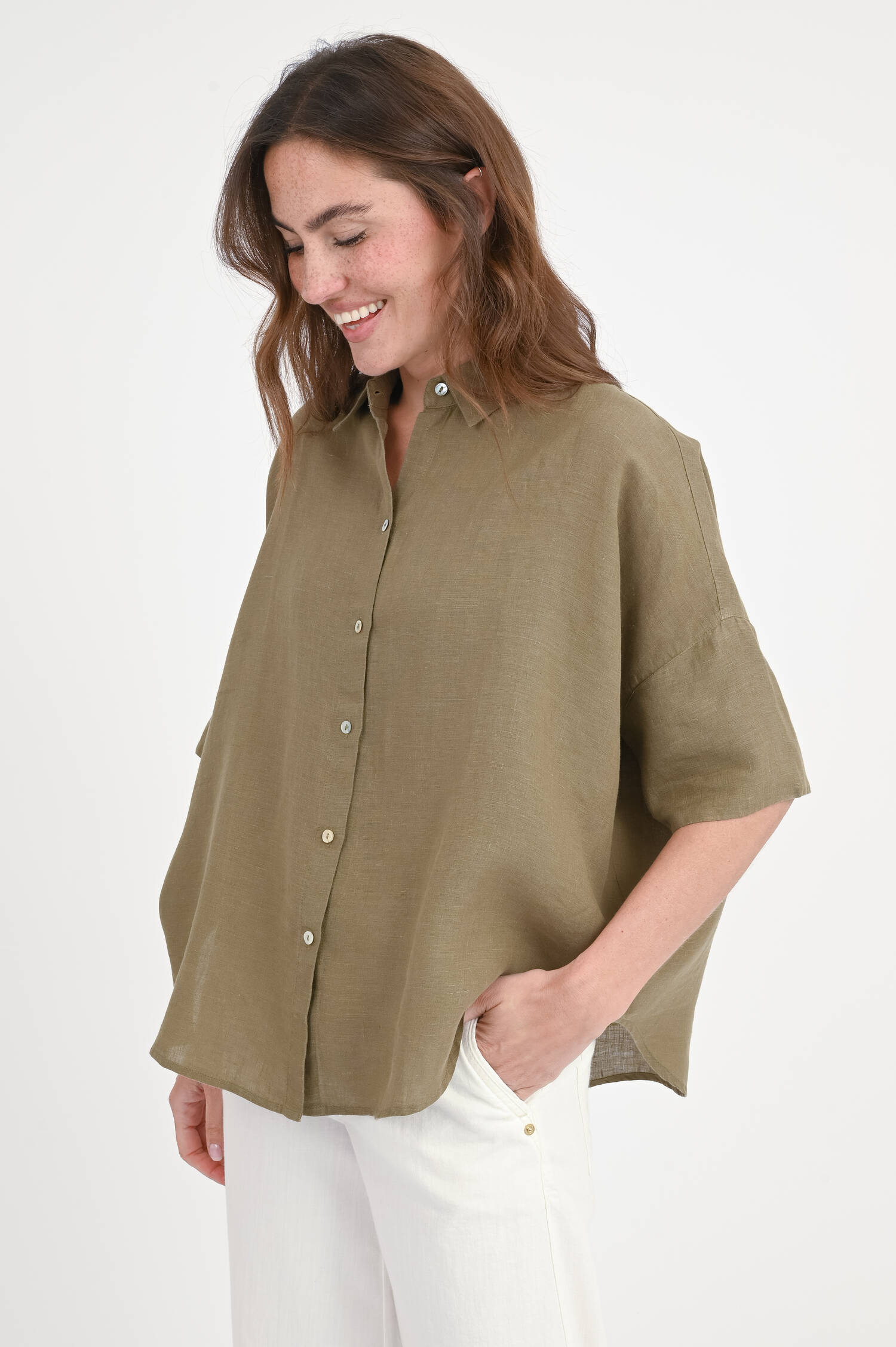 Loose-Bluse aus Leinen in Forest Night