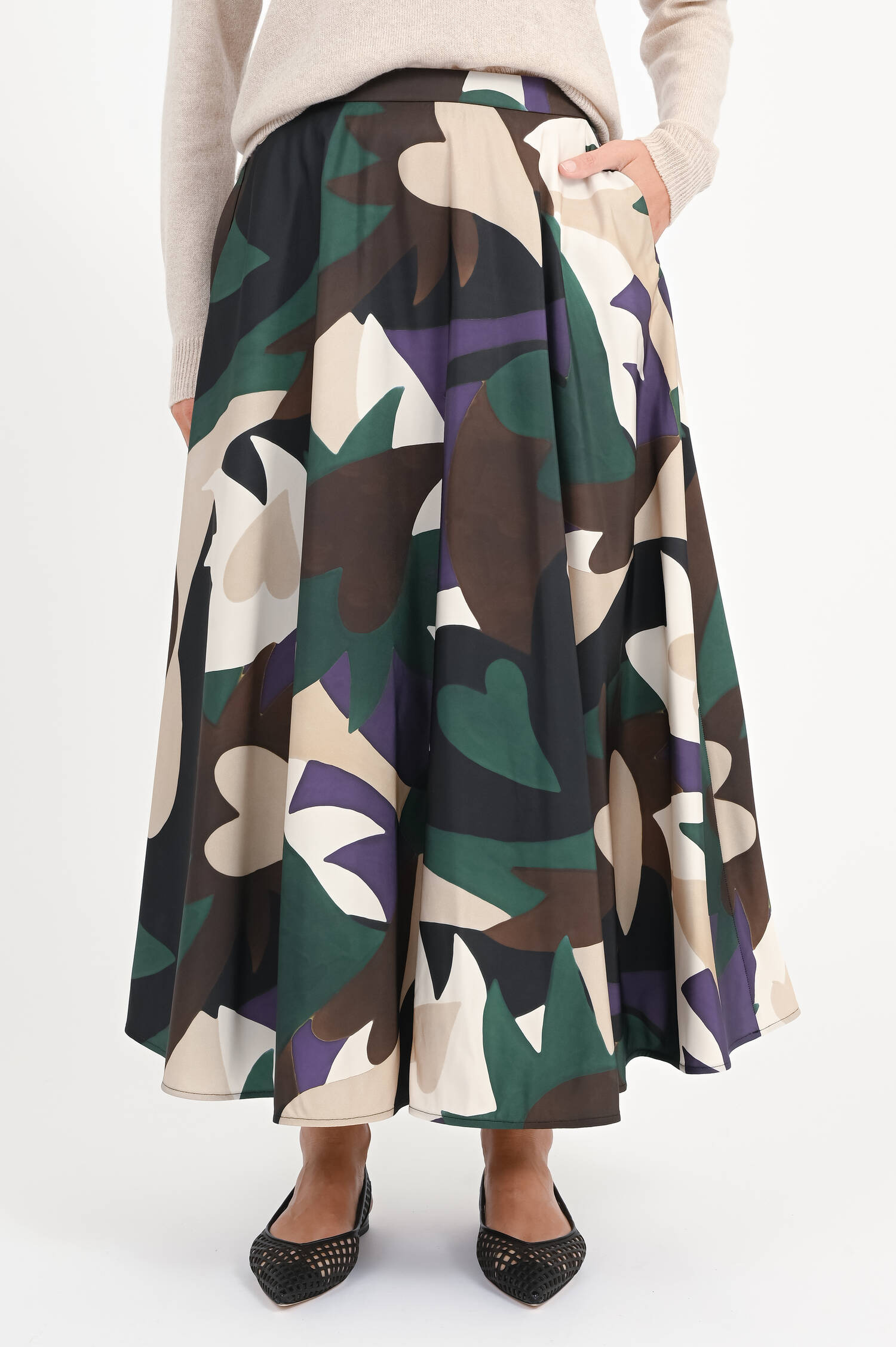 Gemusterter-Midi-Rock in Grün/Schwarz/Violett