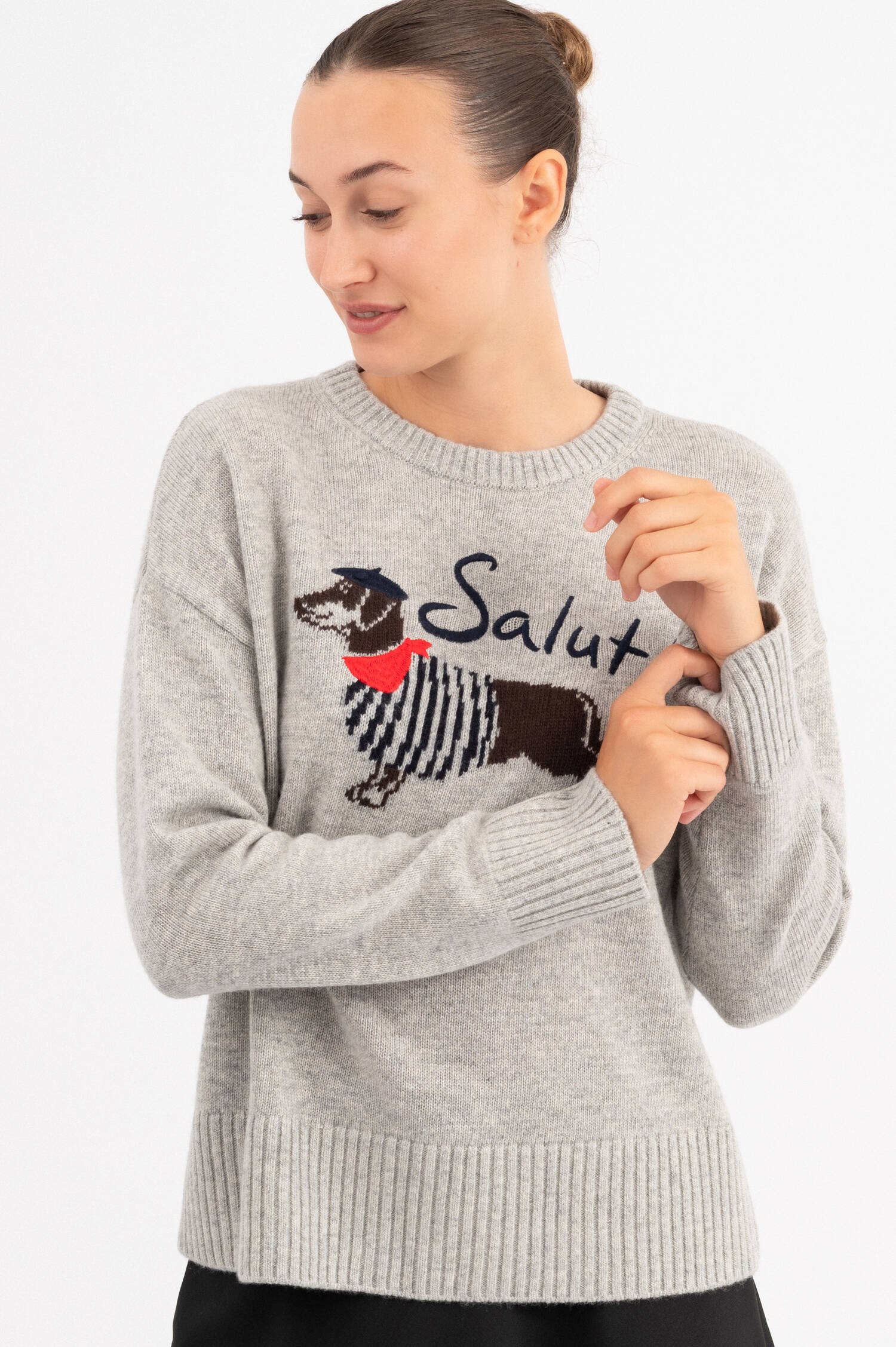 Woll-Pullover mit Dackelmotiv in Grau meliert Woll-Pullover mit Dackelmotiv in Grau meliert