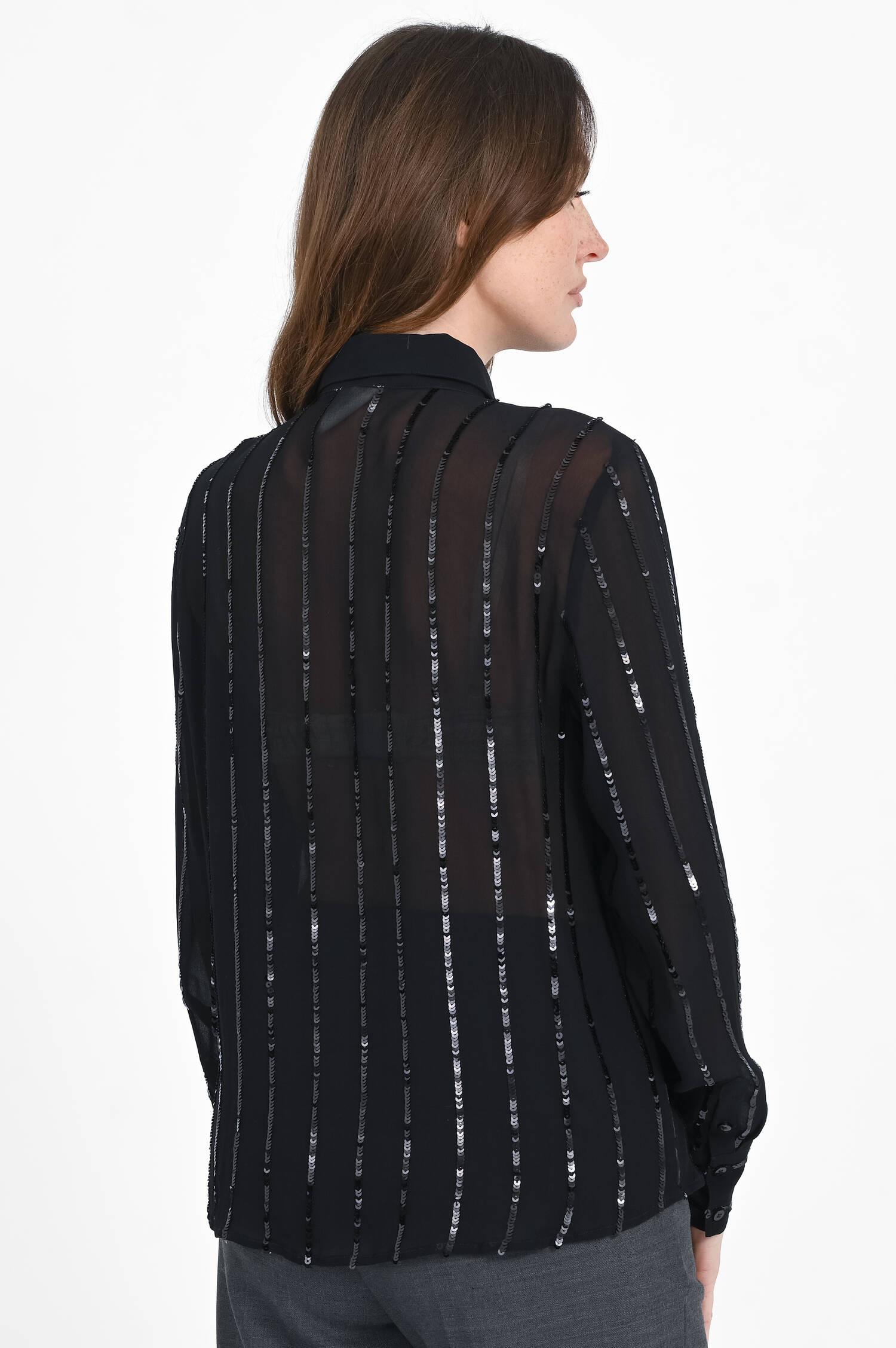 Transparente Bluse mit Glitzerstreifen in Black Transparente Bluse mit Glitzerstreifen in Black