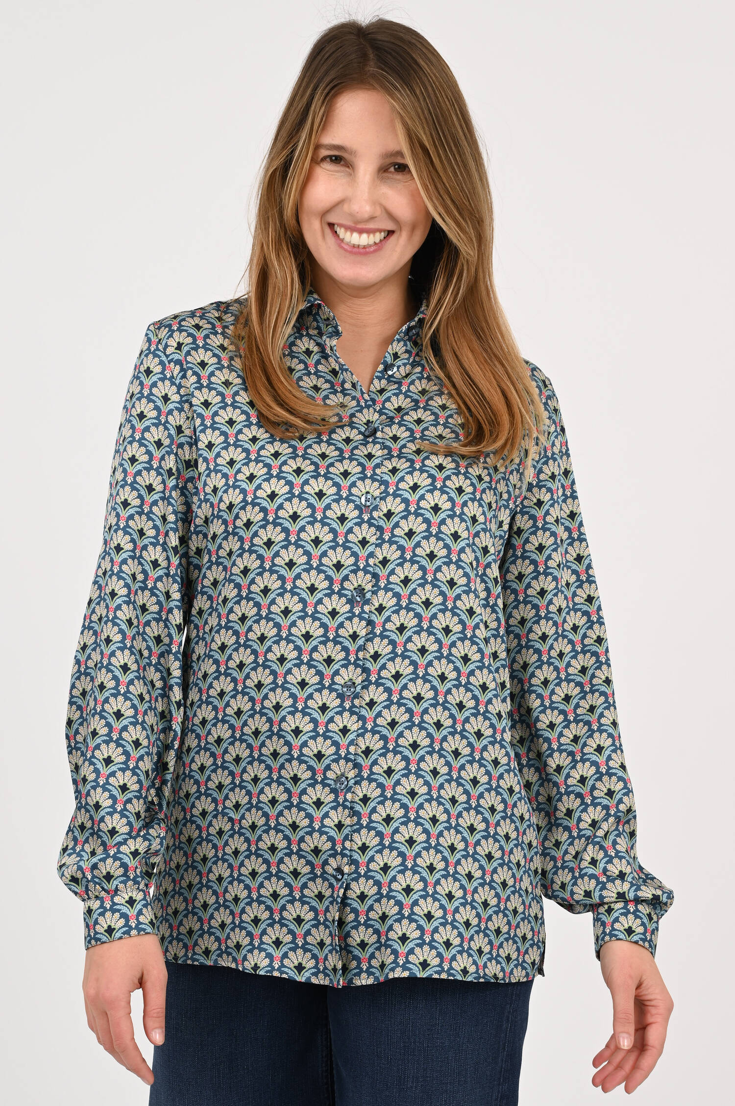 Bluse mit Palmenmotiv in Blau/Grün/Weiß Bluse mit Palmenmotiv in Blau/Grün/Weiß