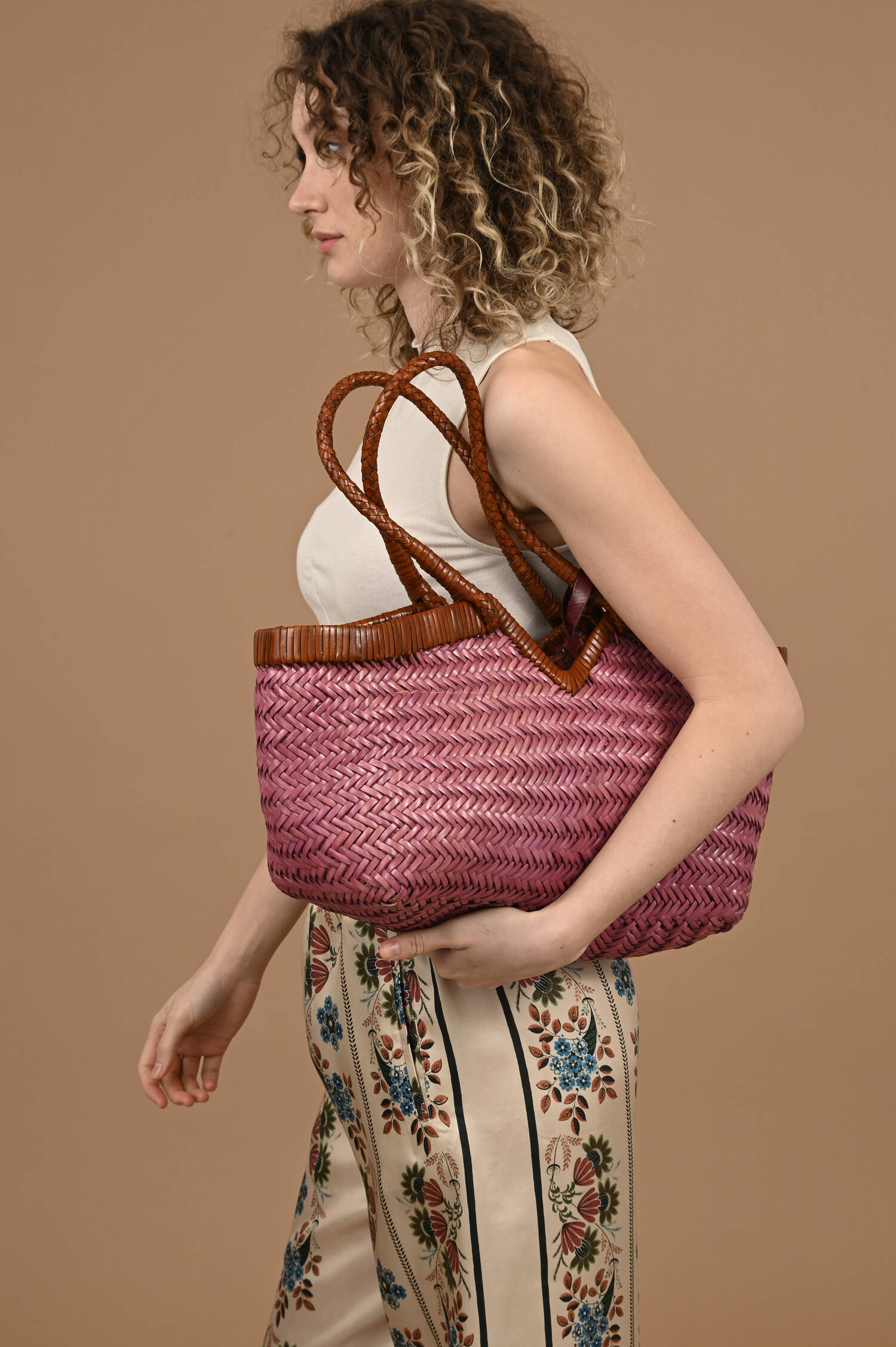Leder Flecht Tote Bag CRUDELIA in Pink/Cognac
