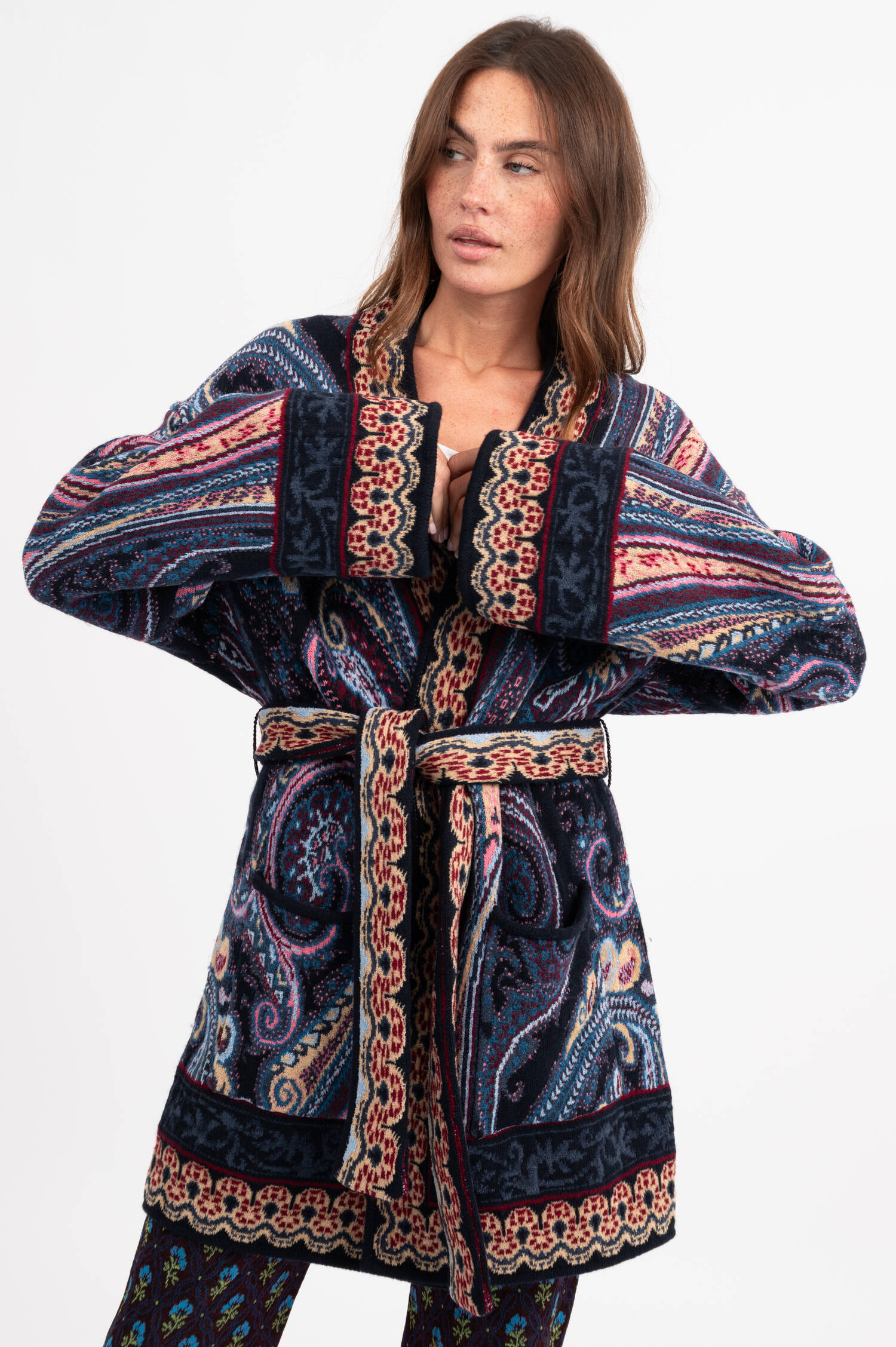 Kimono Cardigan mit Bindegürtel in Blau