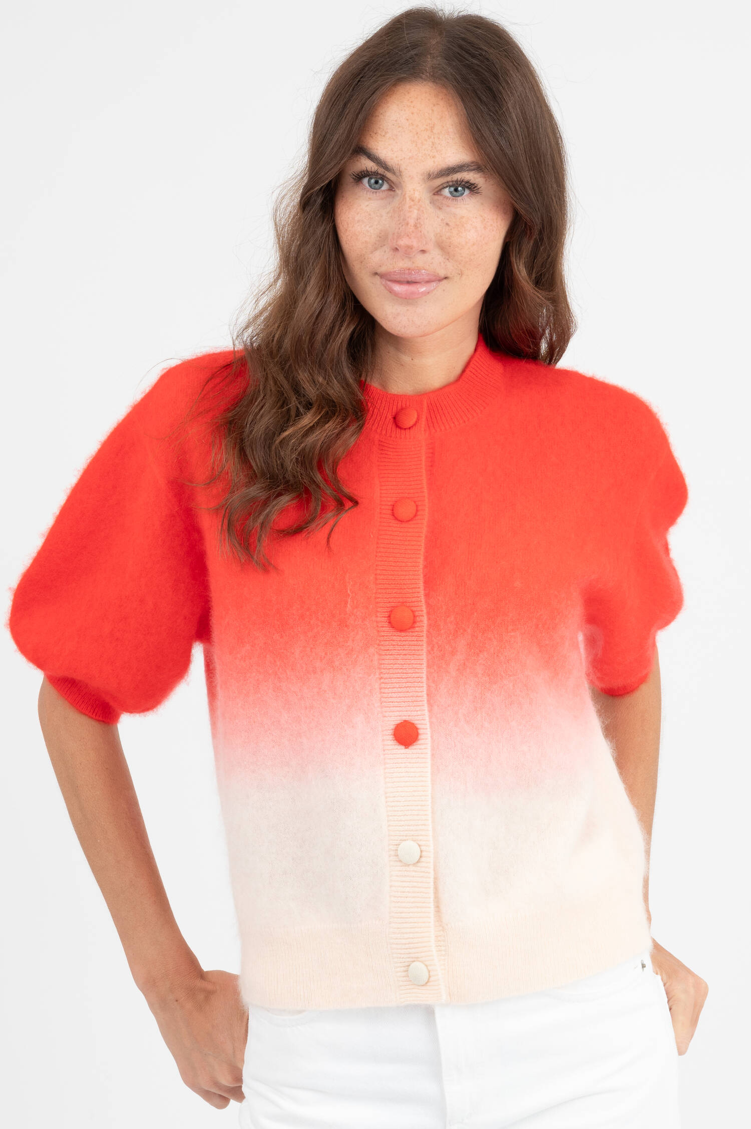 Cashmere-Wolle Cardigan in Rot/Weiß Cashmere-Wolle Cardigan in Rot/Weiß