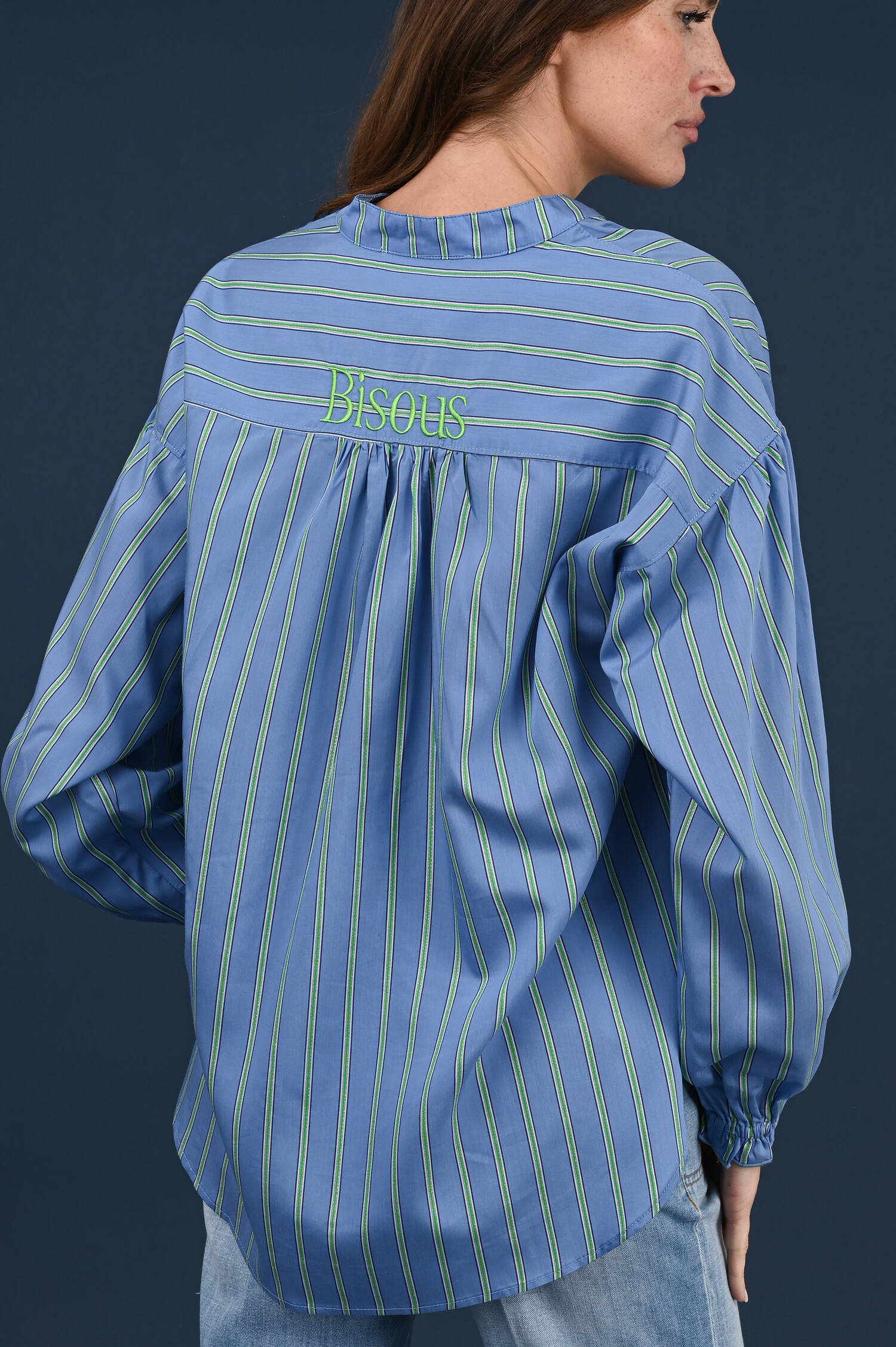 Schlupfbluse in Blau/Grün/Gold