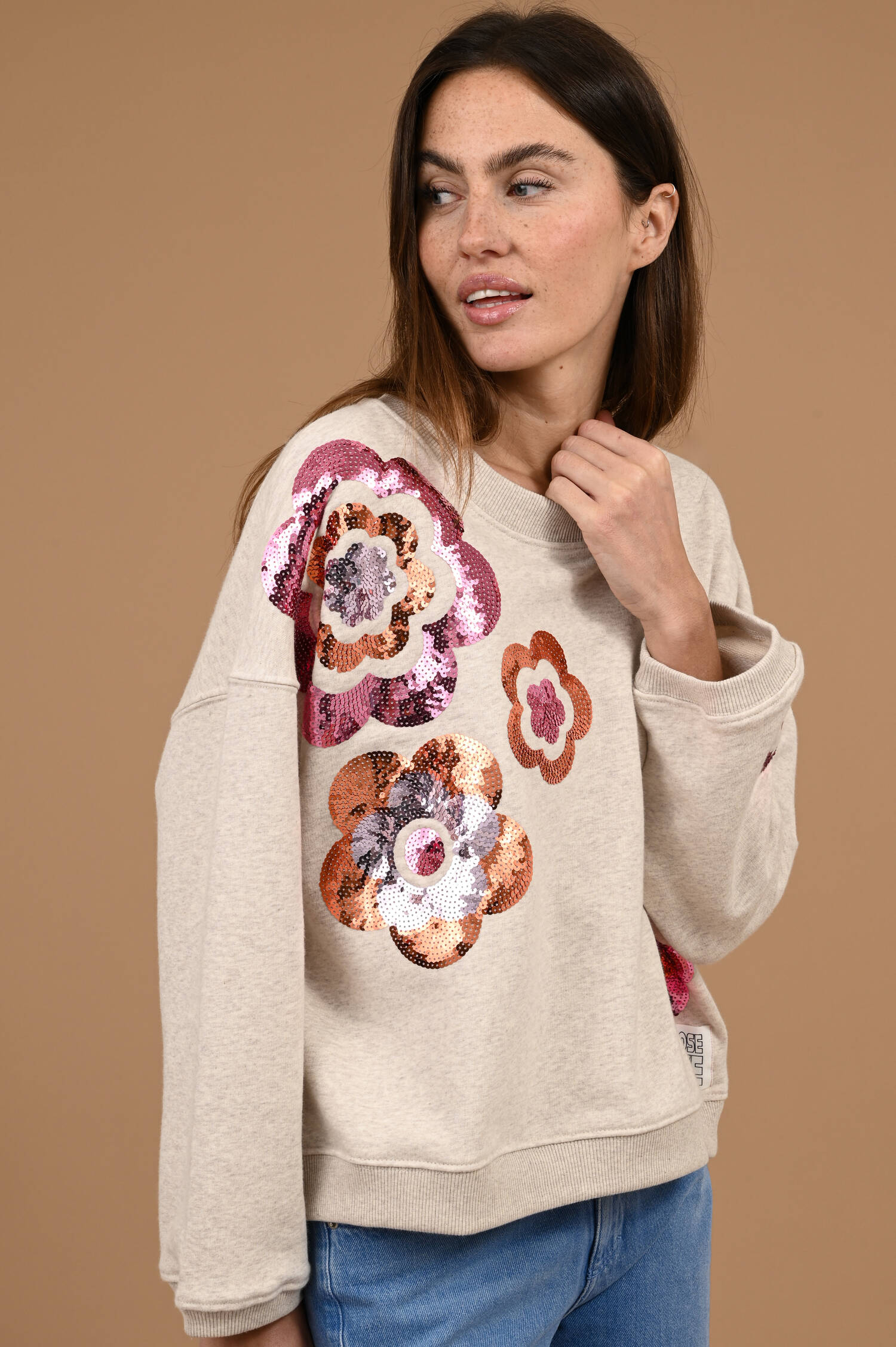 Sweater mit Pailettenstickerei in Beige