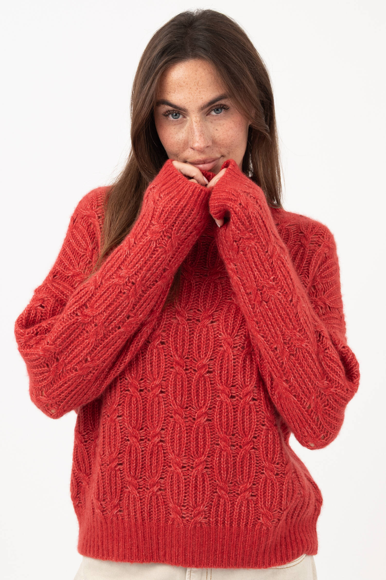 Zopfstrick-Pullover in Rot Zopfstrick-Pullover in Rot