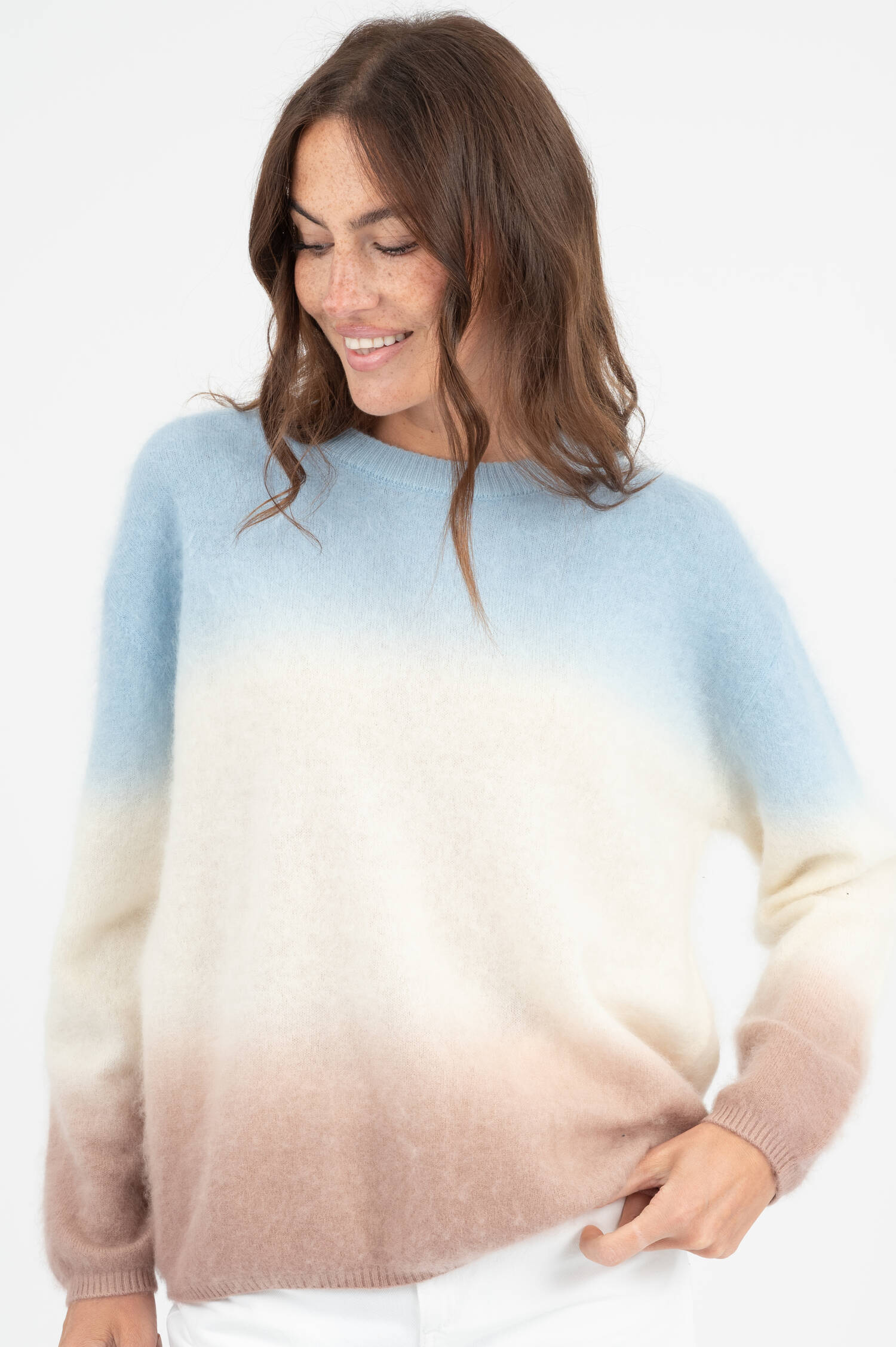 Woll-Cashmere Pullover in Blau/Weiß/Taupe
