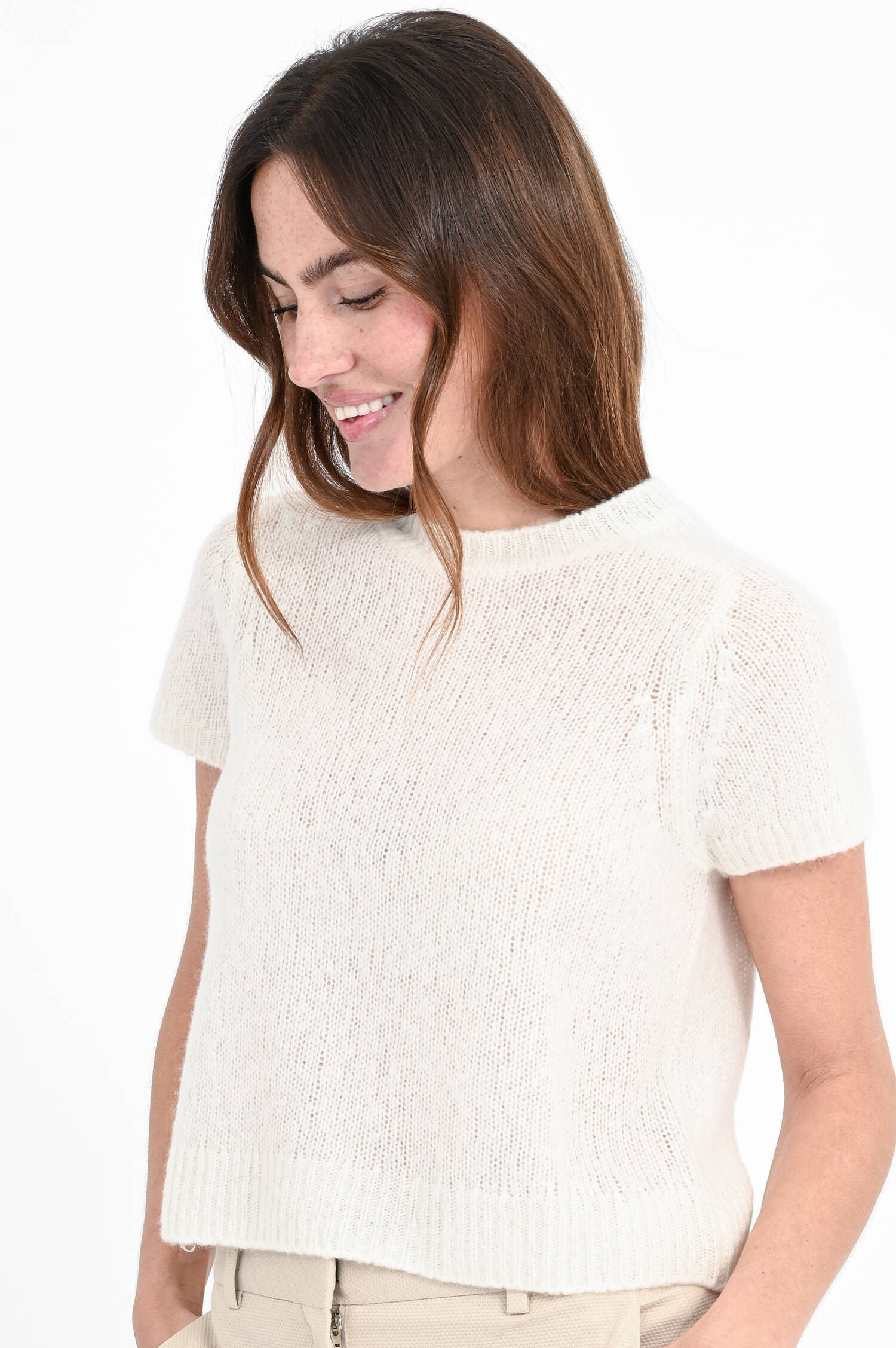 Kurzarm Pullover aus Cashmere-Seiden-Mix in Creme