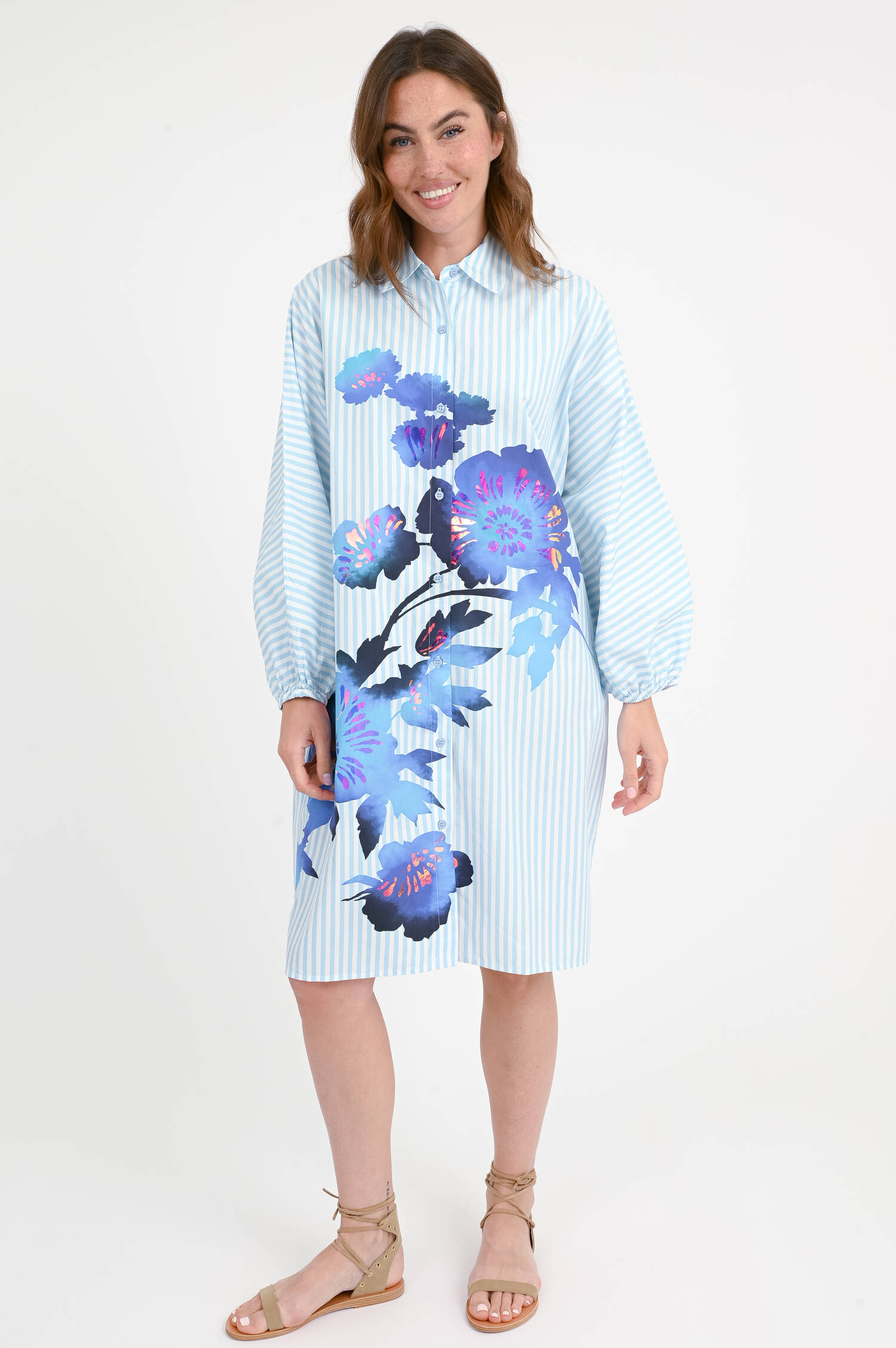 Gestreiftes Kleid HOSES mit Blumen-Print in Blau