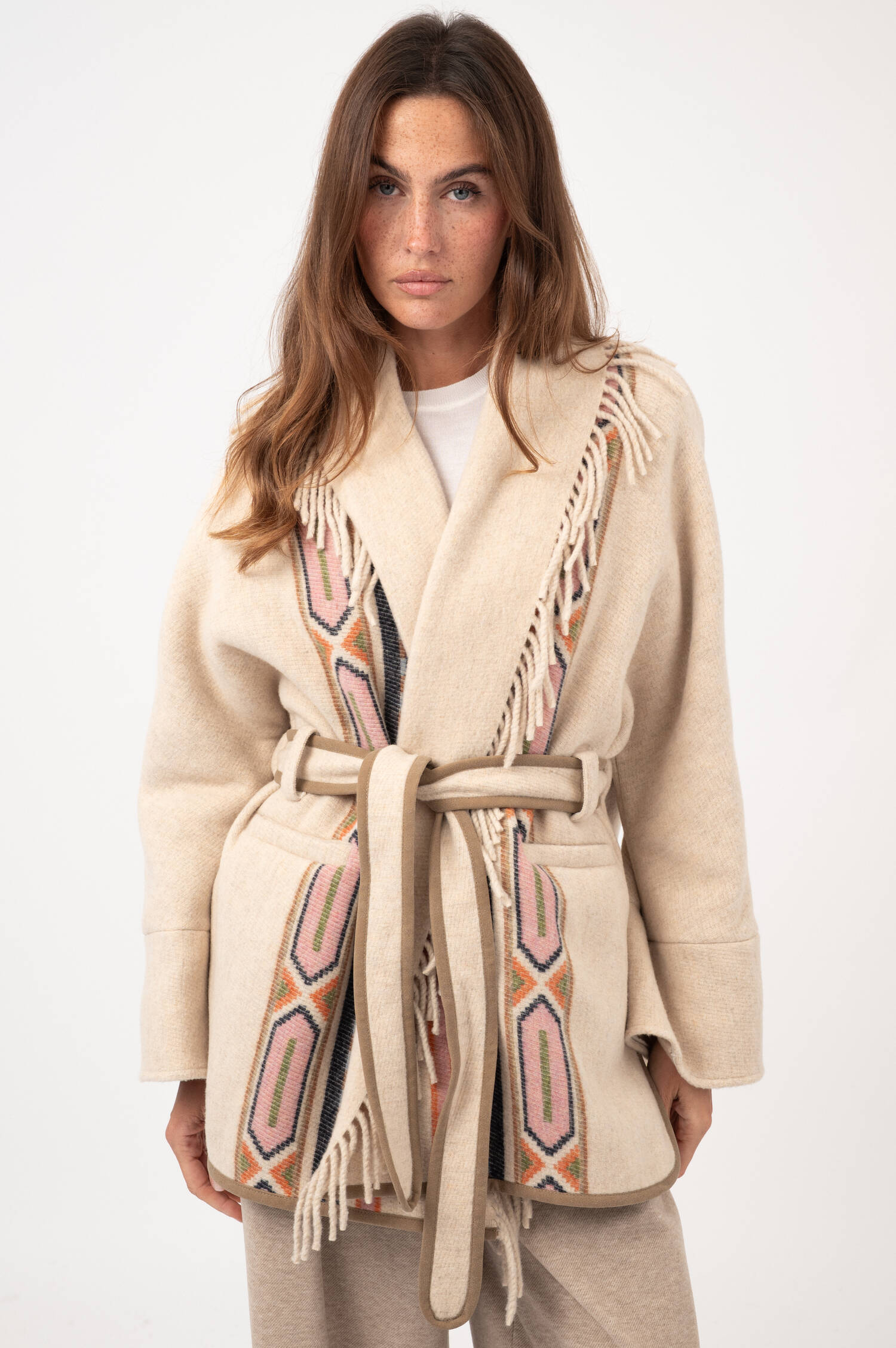 Woll-Mix-Ethno-Mantel mit Fransen in Beige