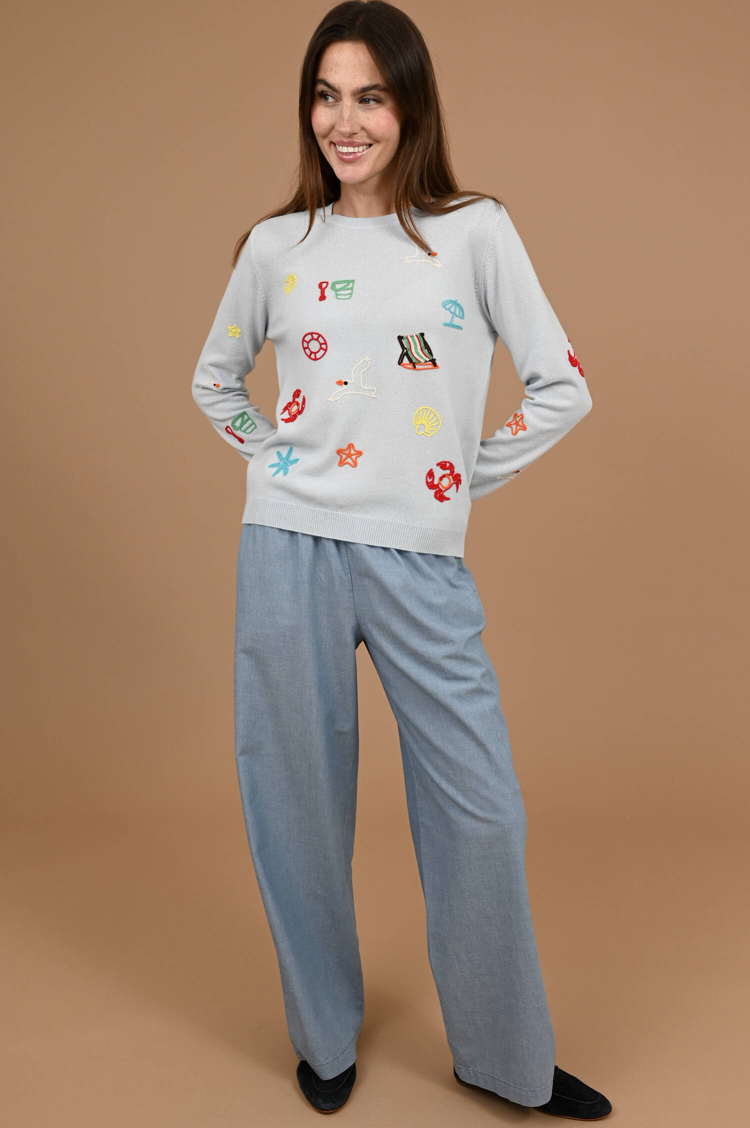 Cashmere Pullover mit Küstenaufstick in Hellblau