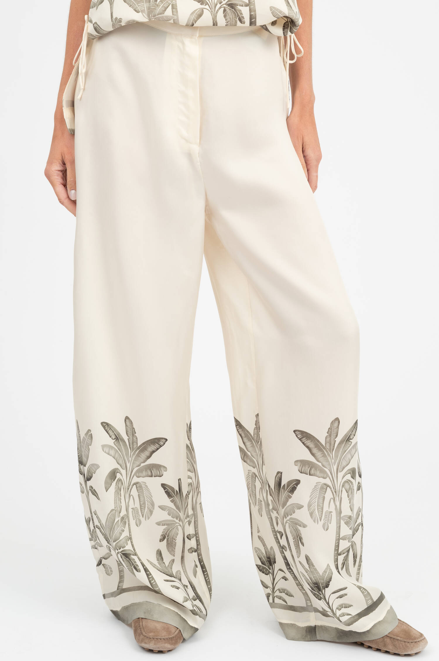 Hose IZABELLE mit Palmen-Print in Creme