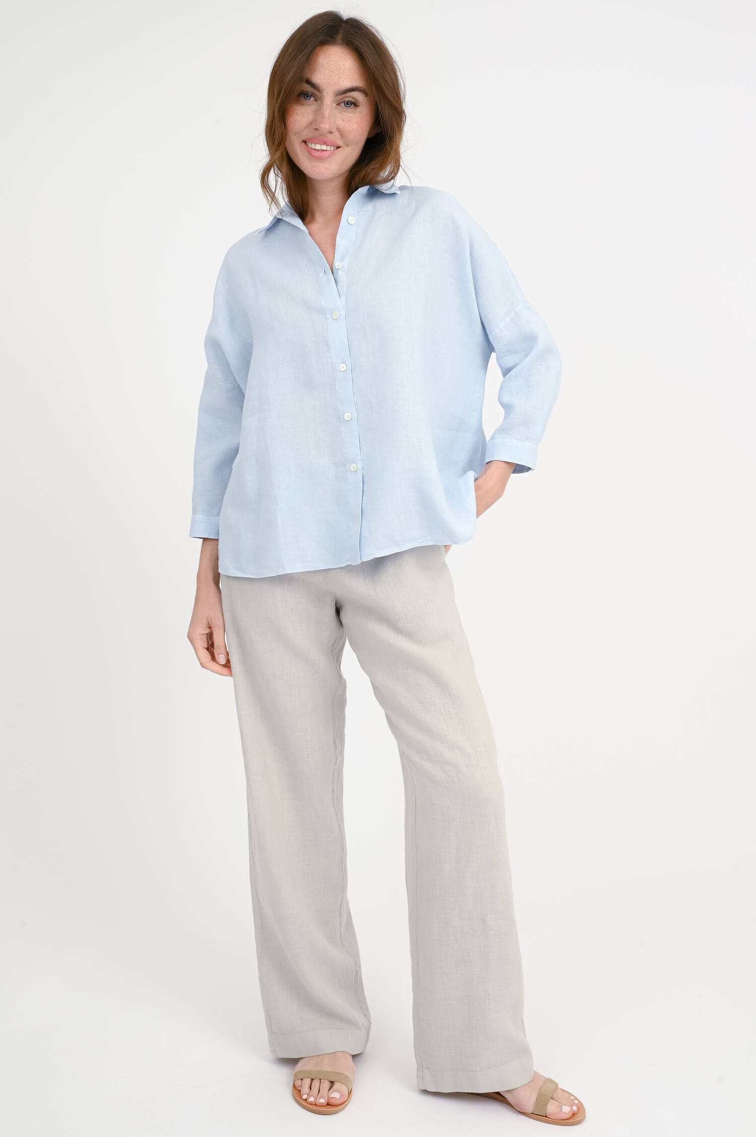 Leinenbluse mit verkürztem Arm GIOIA in Hellblau