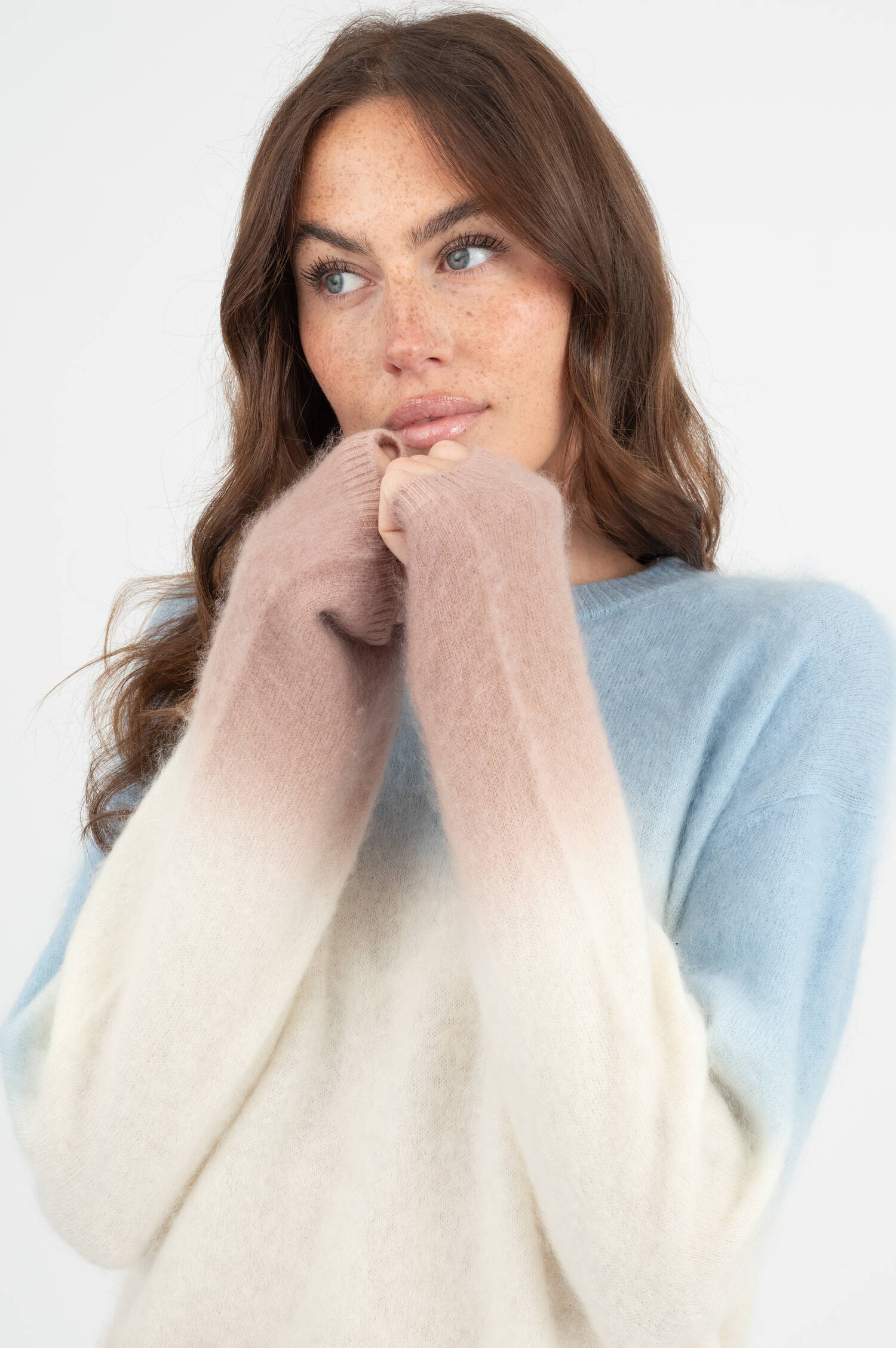 Woll-Cashmere Pullover in Blau/Weiß/Taupe