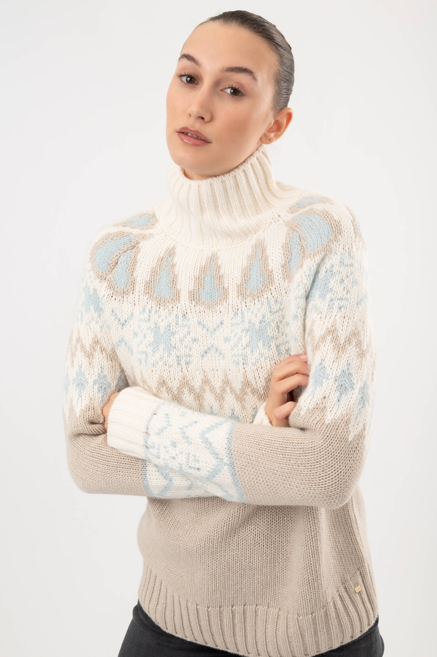 Woll-Cashmere-Pullover mit Norwegermuster in Natur Woll-Cashmere-Pullover mit Norwegermuster in Natur
