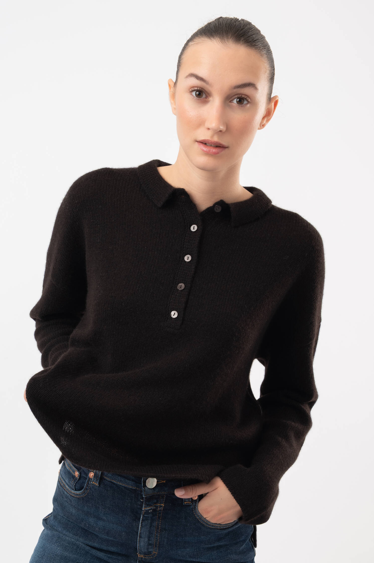 Cashmere-Polo-Pullover in Dunkelbraun