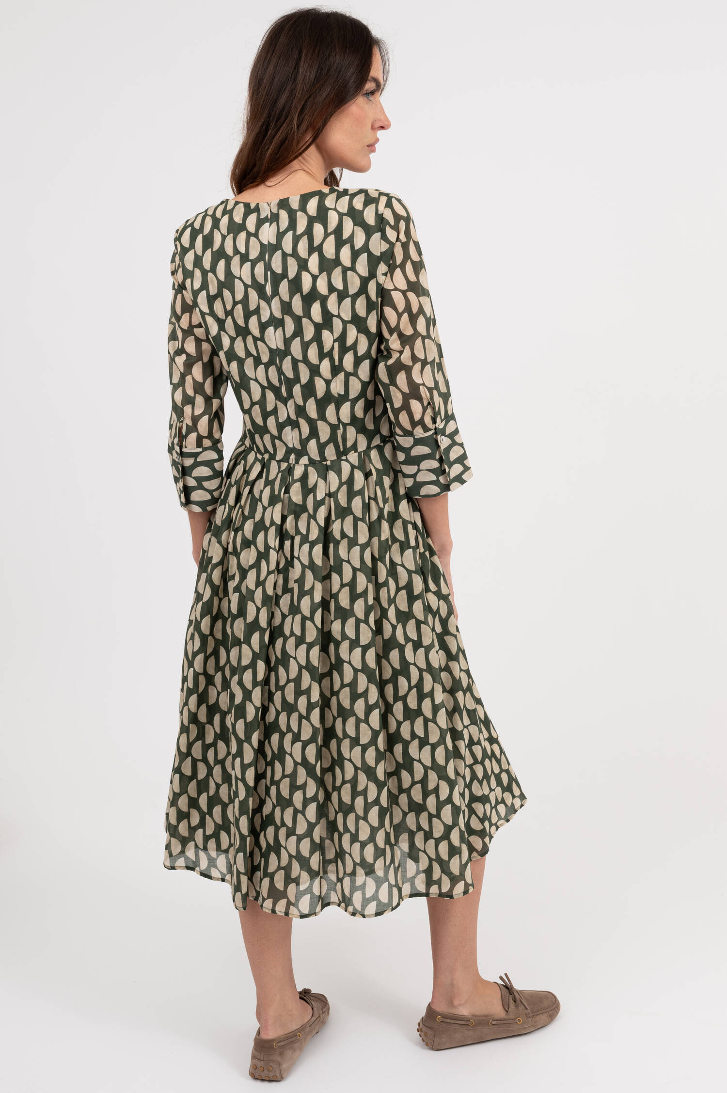 Gemustertes Midi Kleid in Oliv/Beige