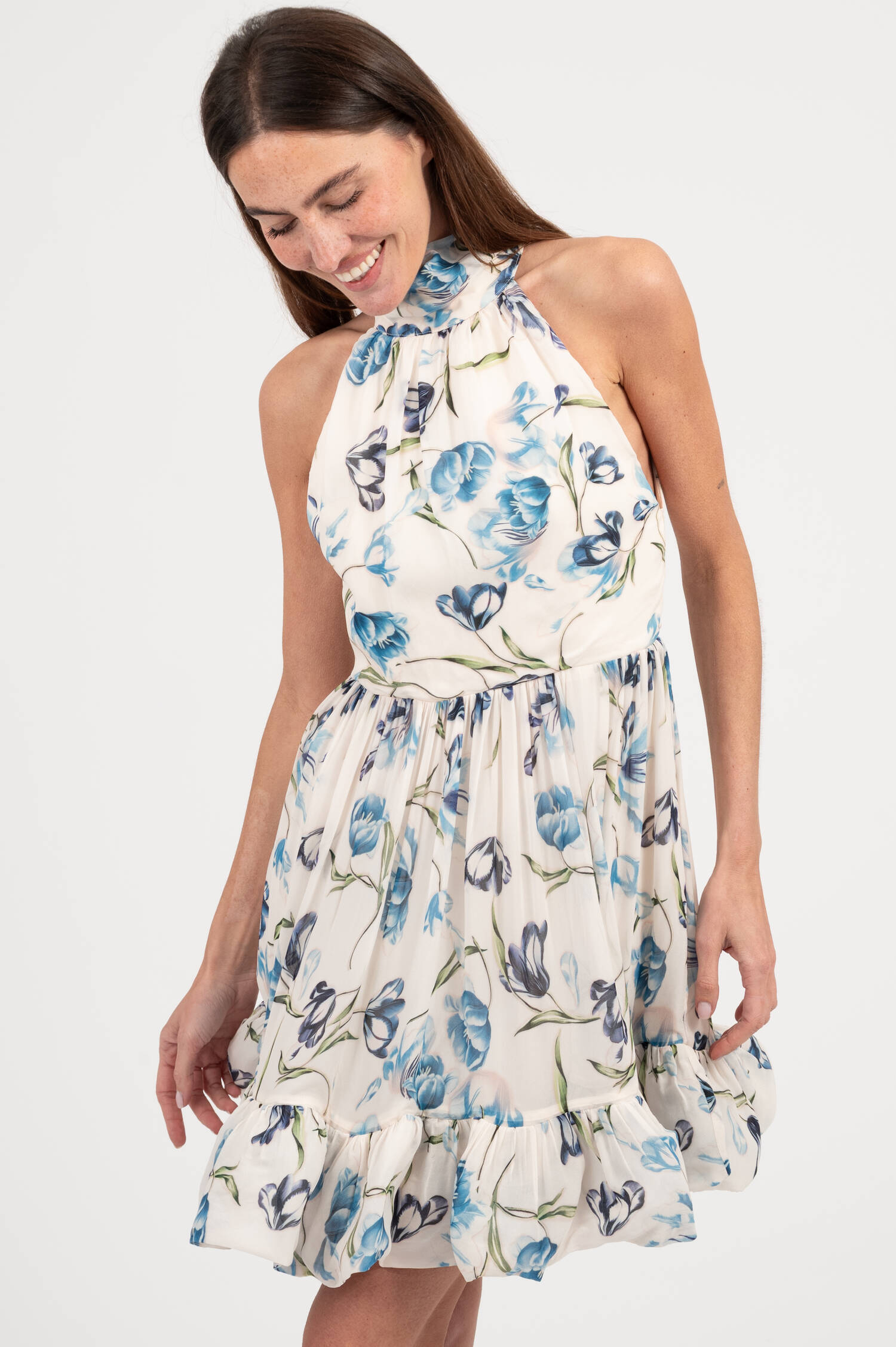 Volantkleid FERN in Weiß/Blau/Grün gemustert