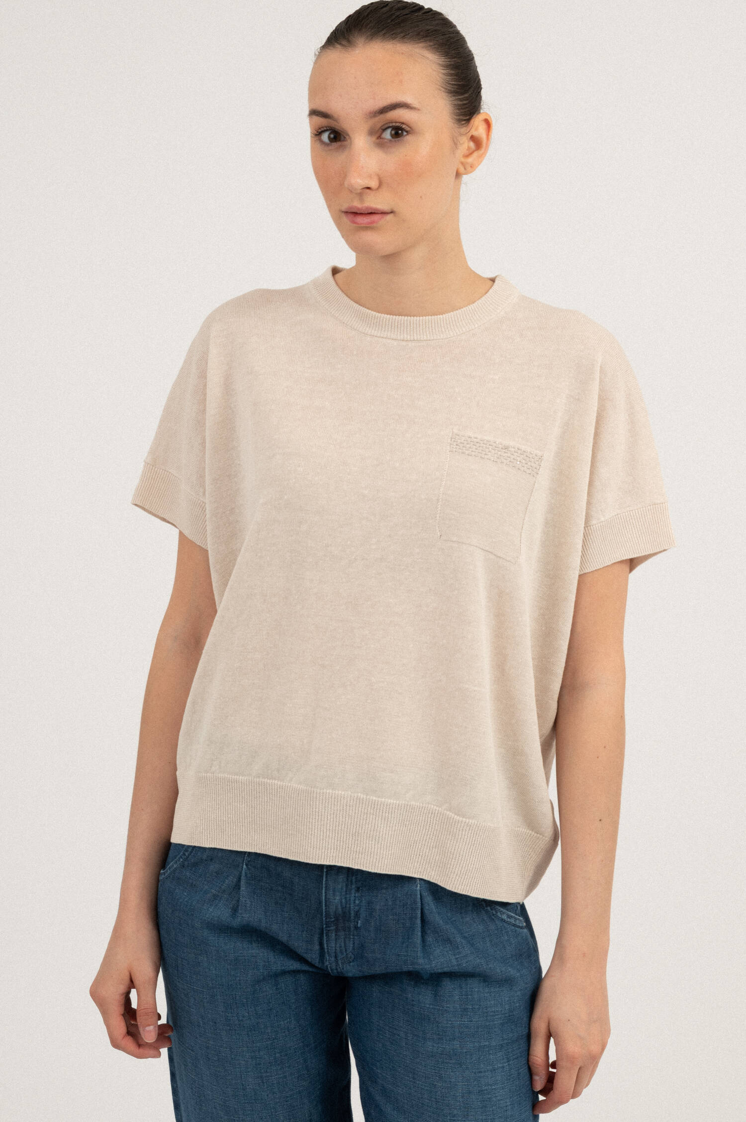Leinenmix Kurzarm Pullover in Beige