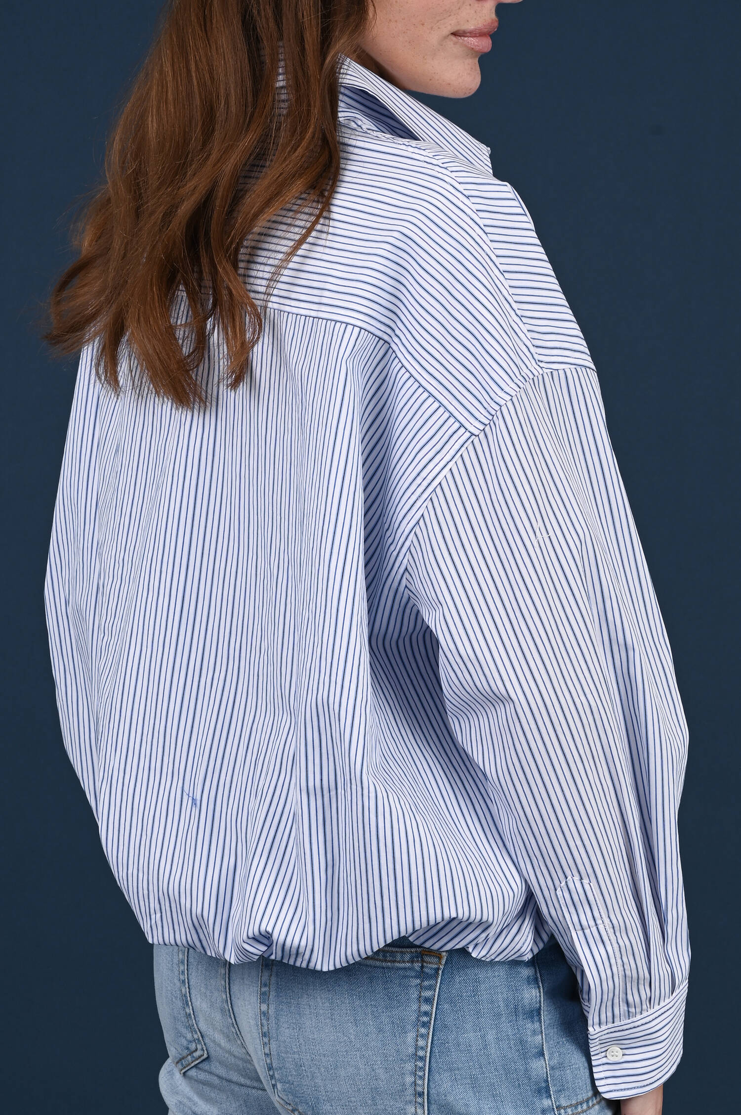 Ballonbluse in Blau/Weiß/Schwarz gestreift