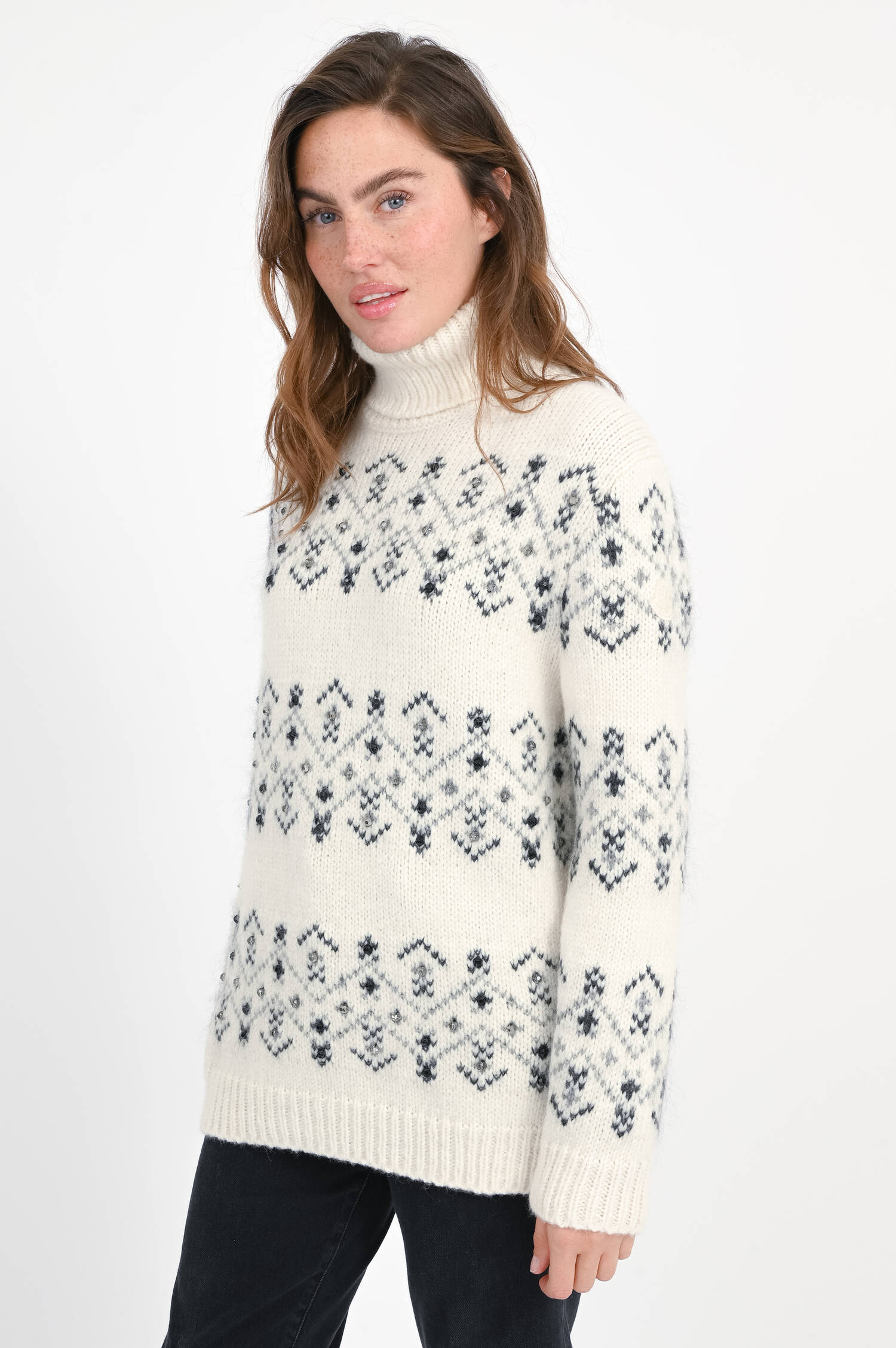 Norweger-Pullover mit Strasssteinen in Weiß/Grau Norweger-Pullover mit Strasssteinen in Weiß/Grau