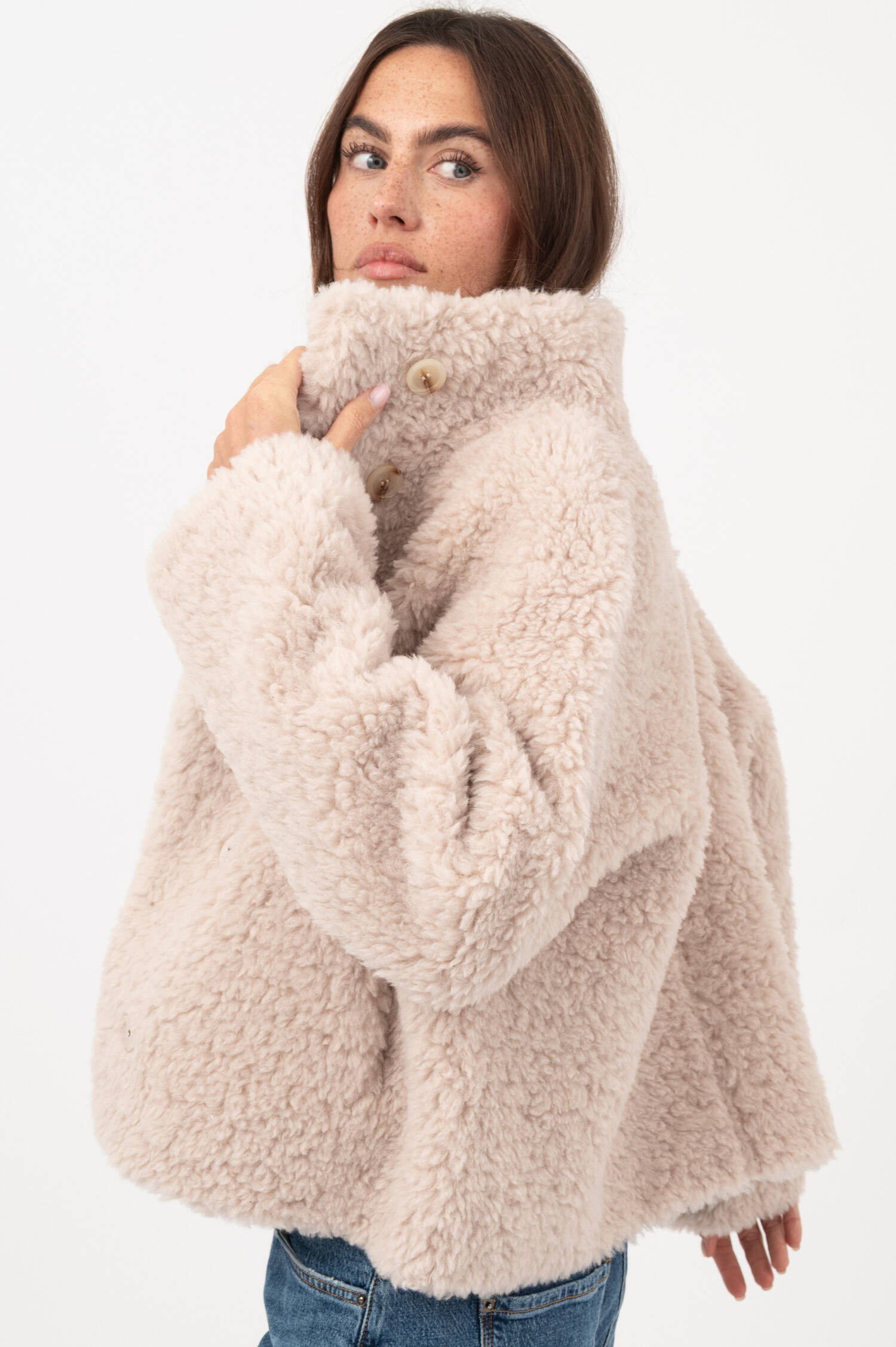 Woll-Mix-Teddyjacke in Beige