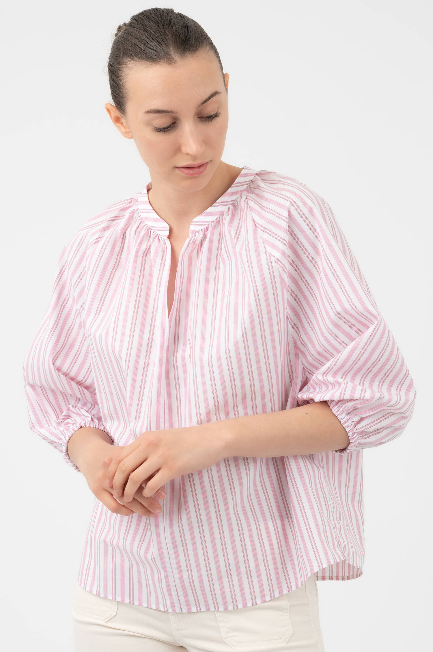 Streifenbluse mit 3/4tel-Arm in Rosa