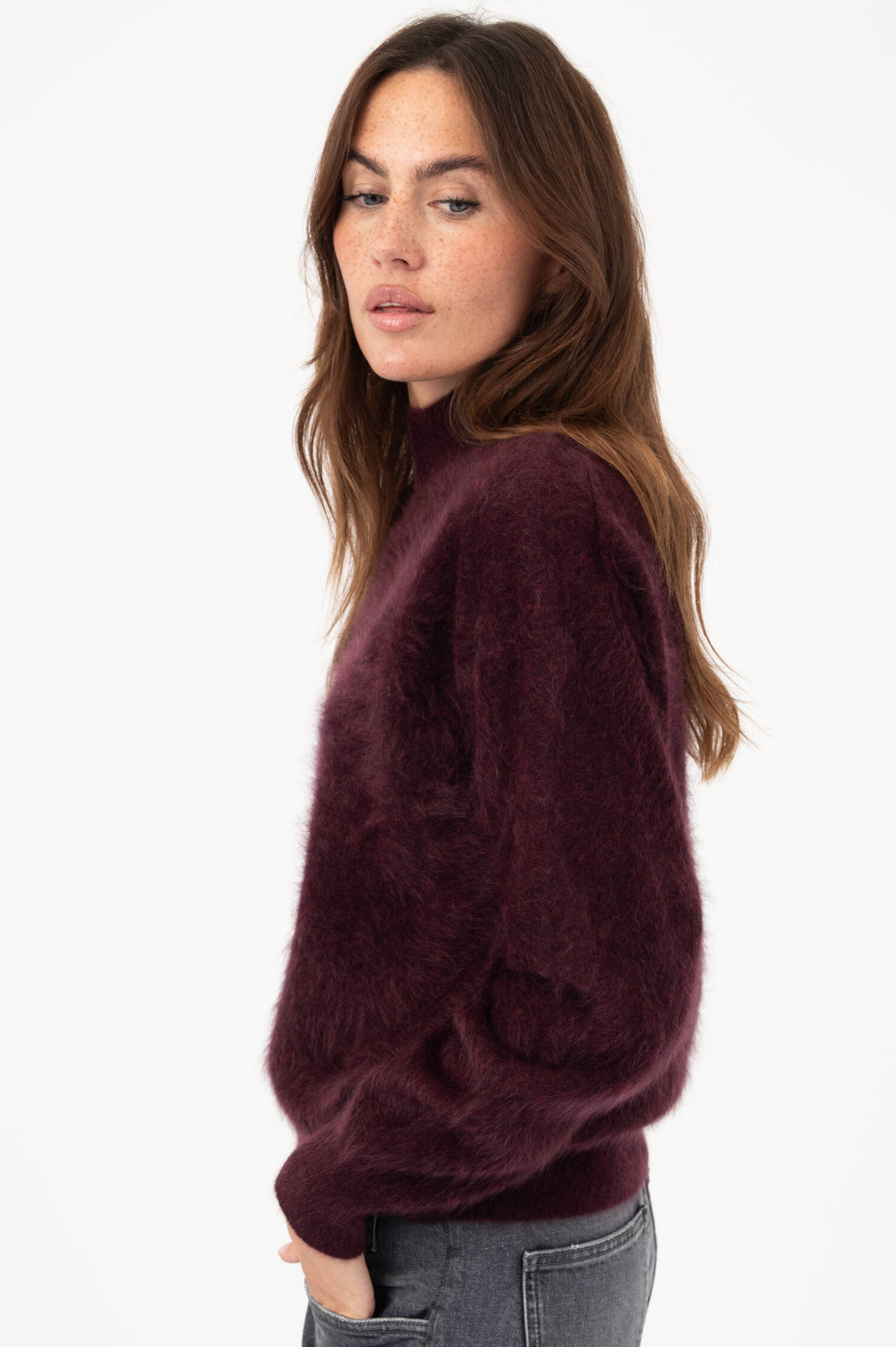 Hairy-Cashmere-Stehkragen-Pullover in Beerenrot Hairy-Cashmere-Stehkragen-Pullover in Beerenrot