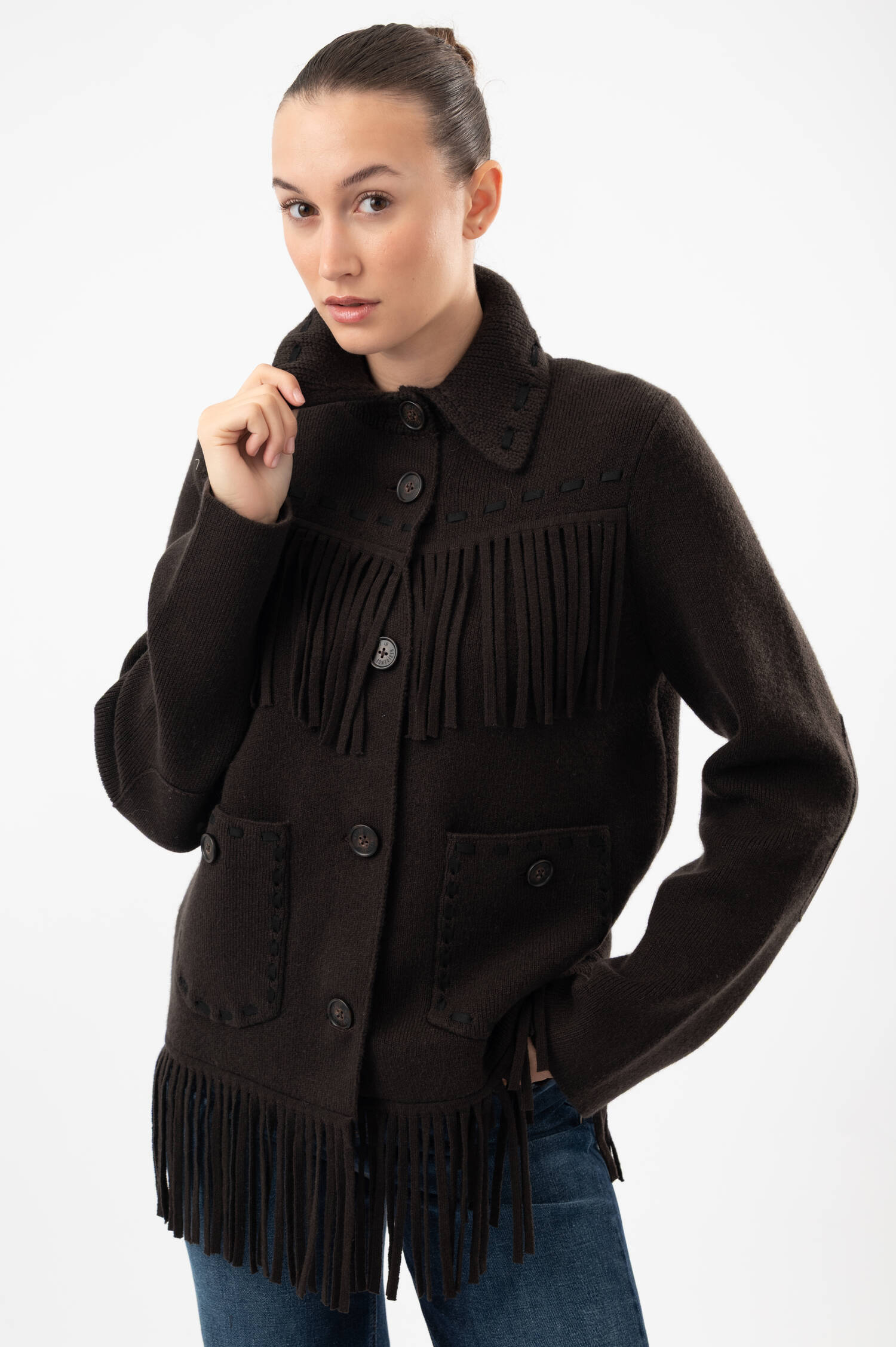 Cashmere-Woll-Western-Fransenjacke in Dunkelbraun
