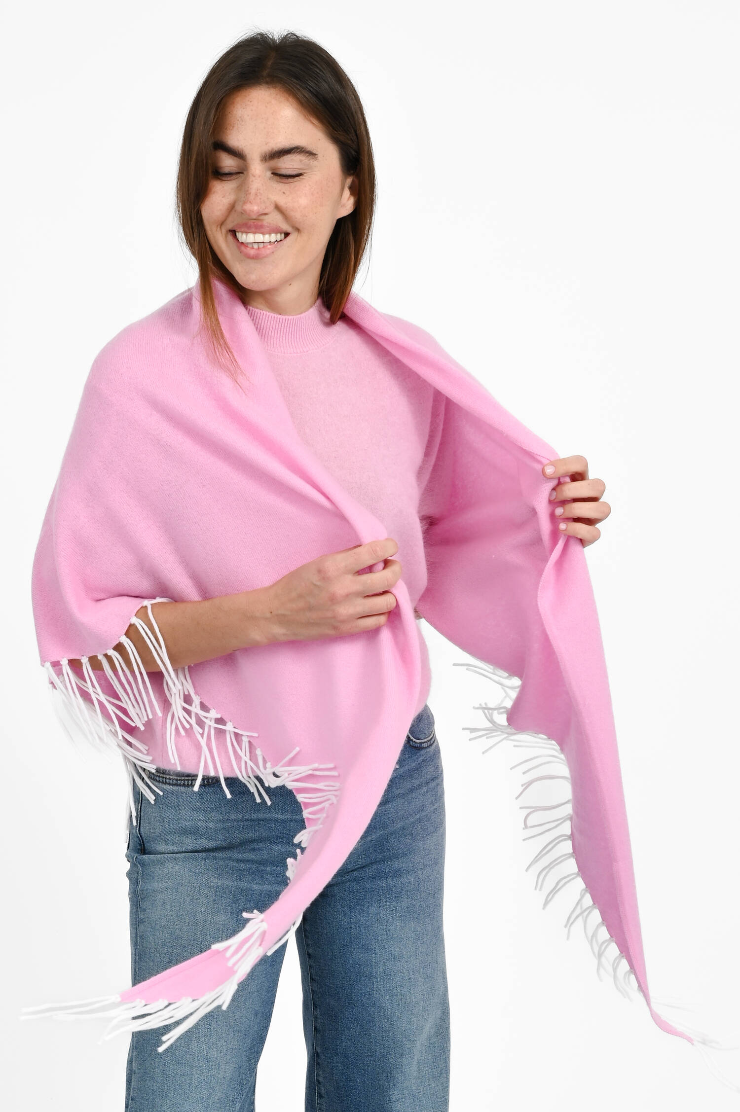 Dreieckstuch mit Fransen in Weiß/Pink