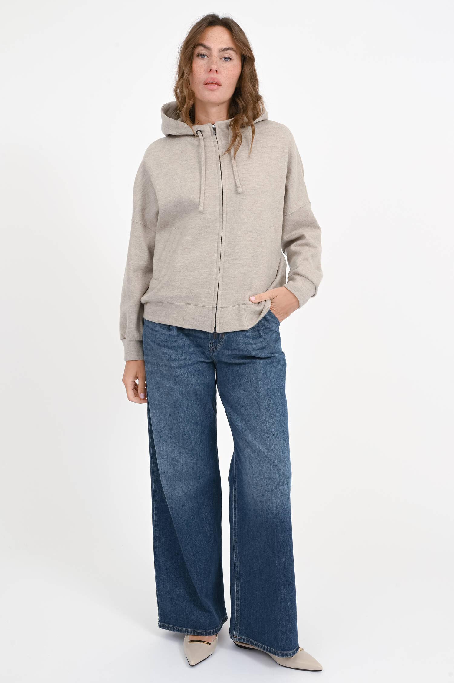 Sweatshirt-Jacke aus Wolle in Sandy Beige