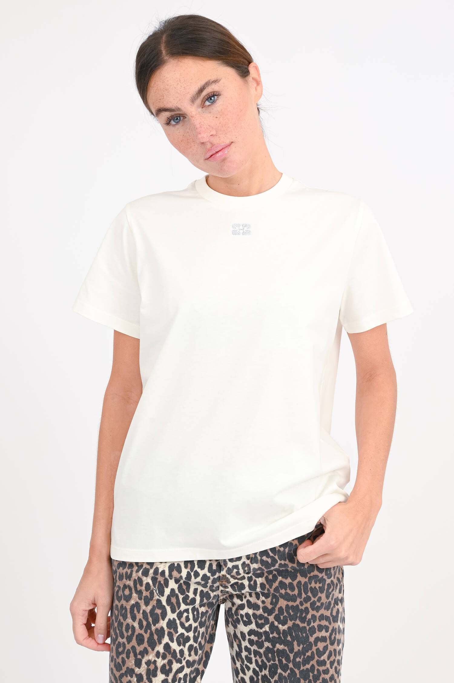 T-Shirt mit Glitzer-Logo in Creme