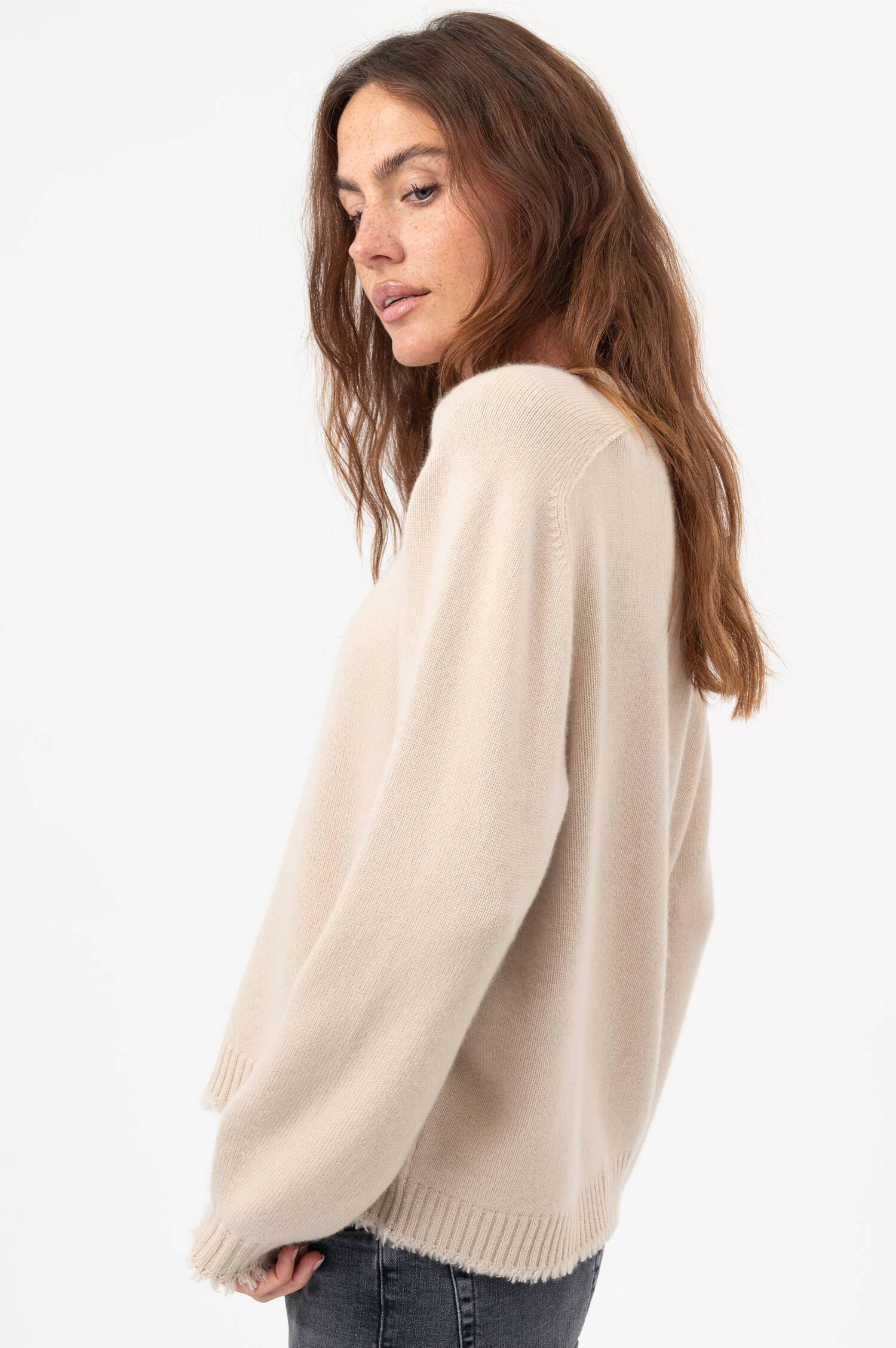 Cashmere-Pullover mit Fransen in Beige