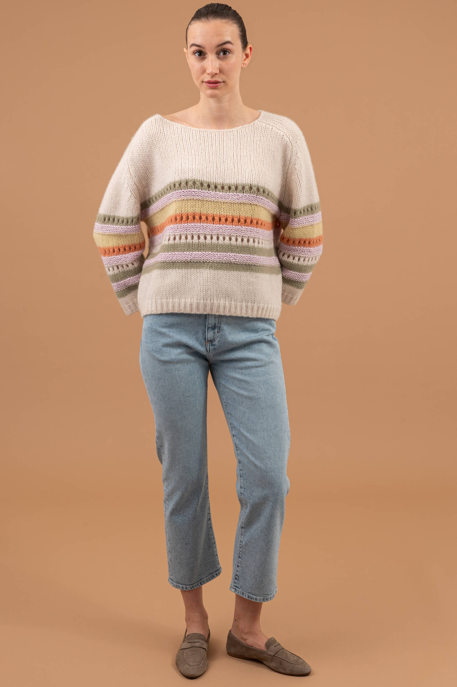 Grobstrick Pullover mit Streifenstrick in Beige