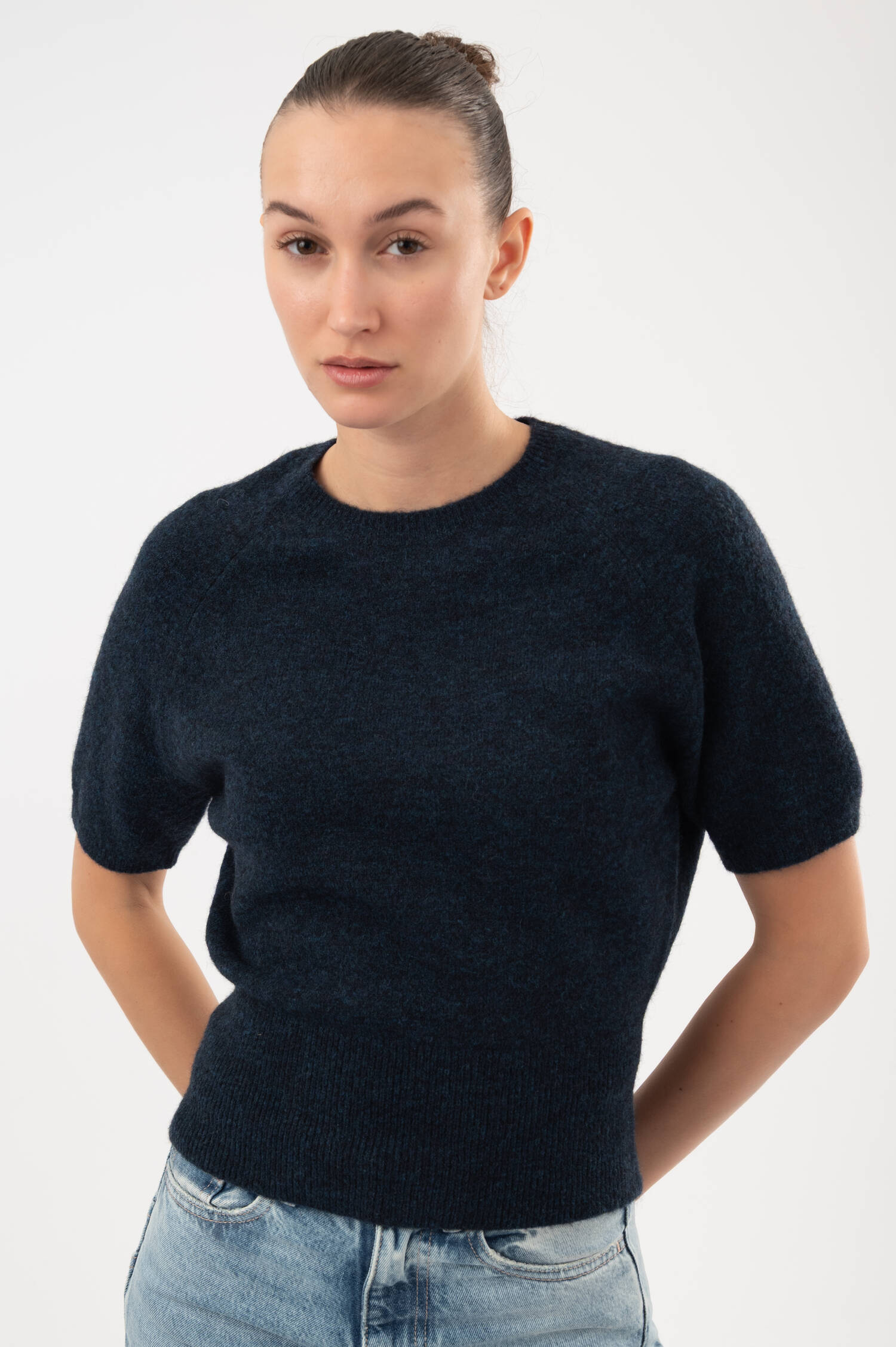 Alpaka-Woll-Mix-Kurzarmpullover in Navy meliert