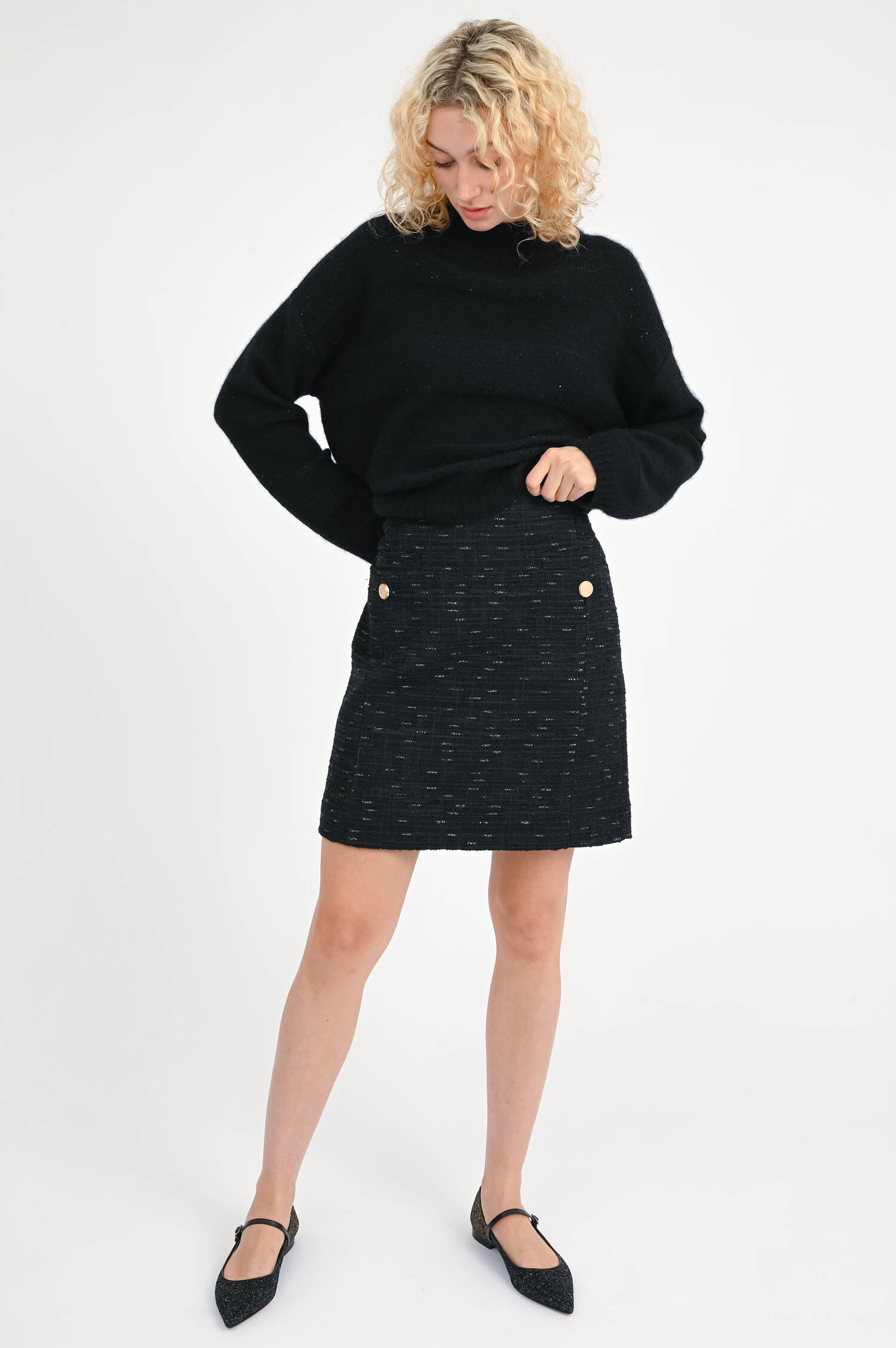 Taillierter Minirock aus Wolle in Schwarz/Gold