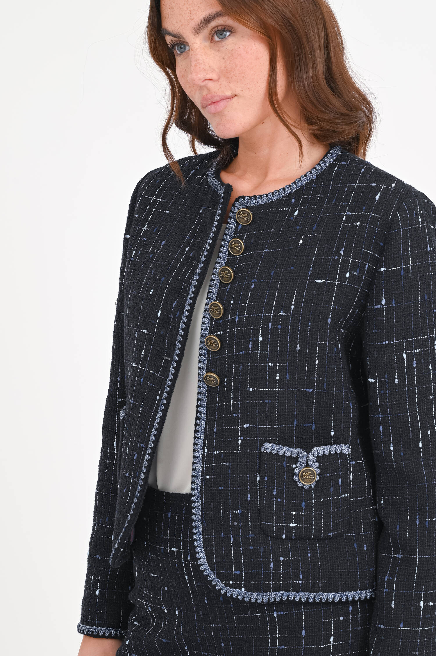 Jacke aus Tweed-Bouclé in Schwarz/Blau