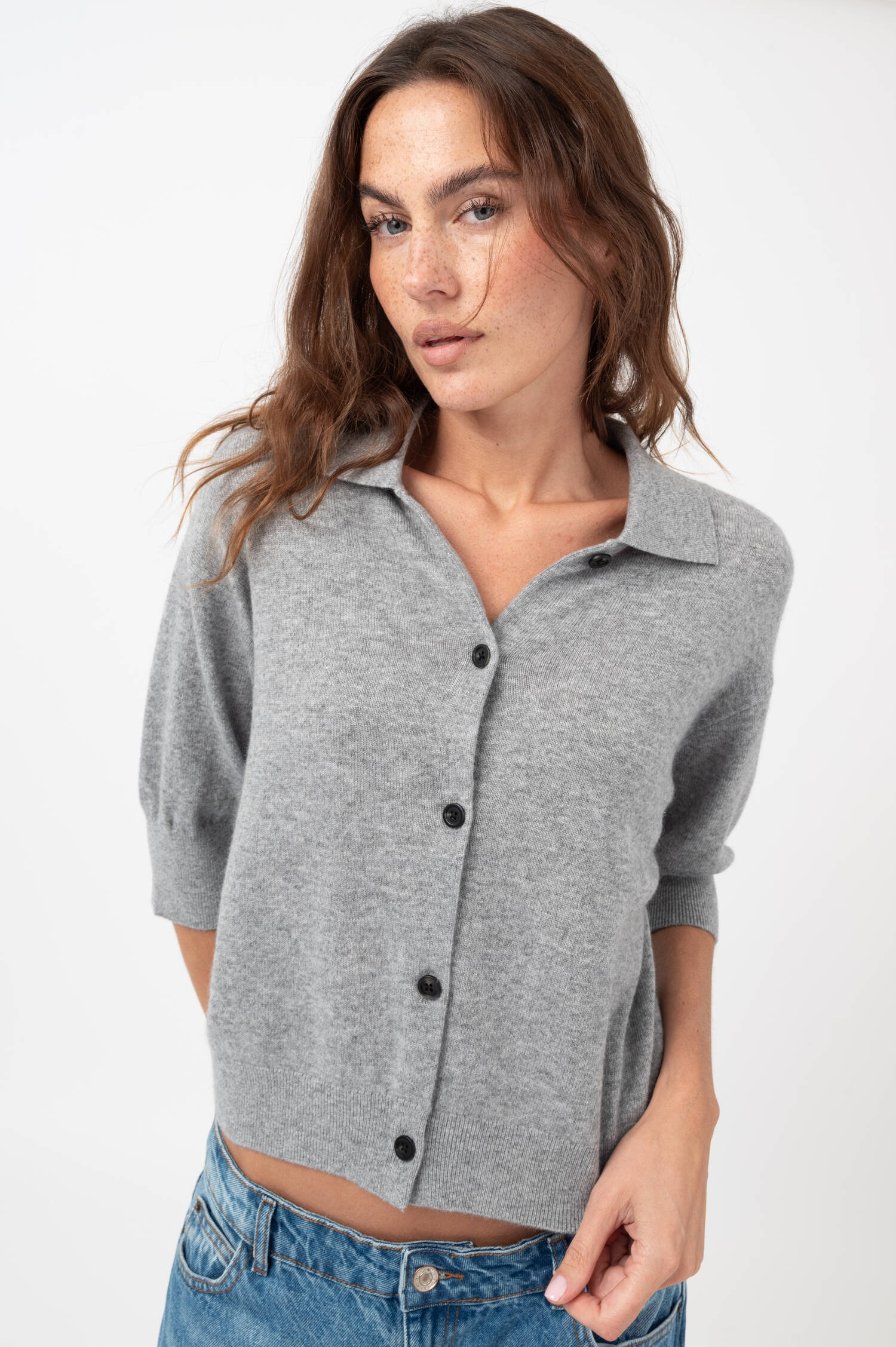 Polo-Cardigan MELINA in Grau meliert